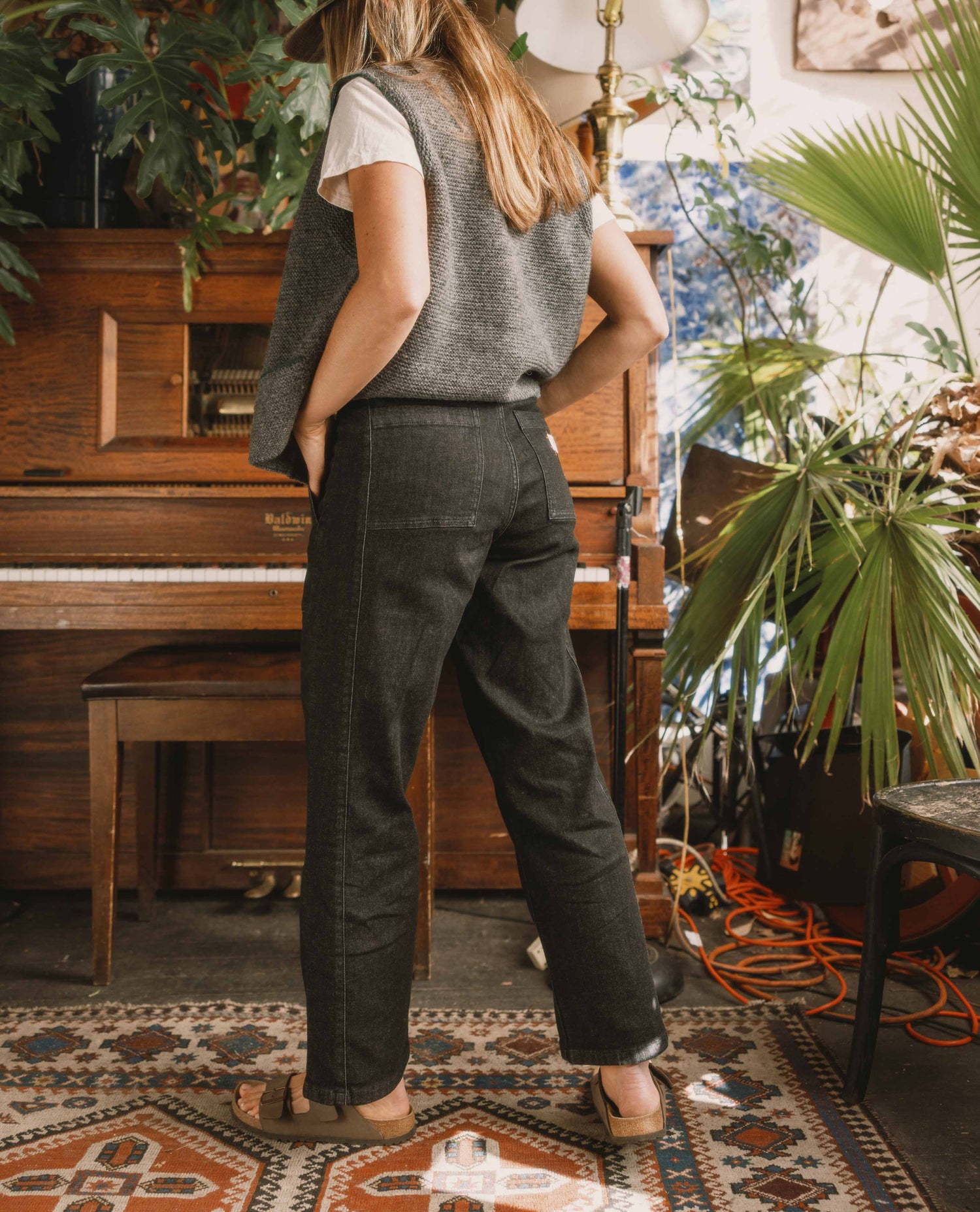 Person standing in a room with a piano and plants