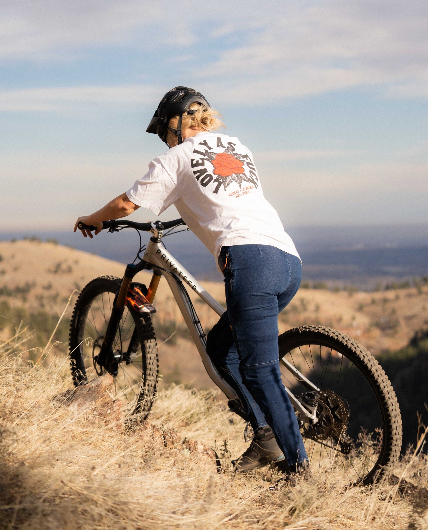 Hiking up in Women's Denim Bike Pant
