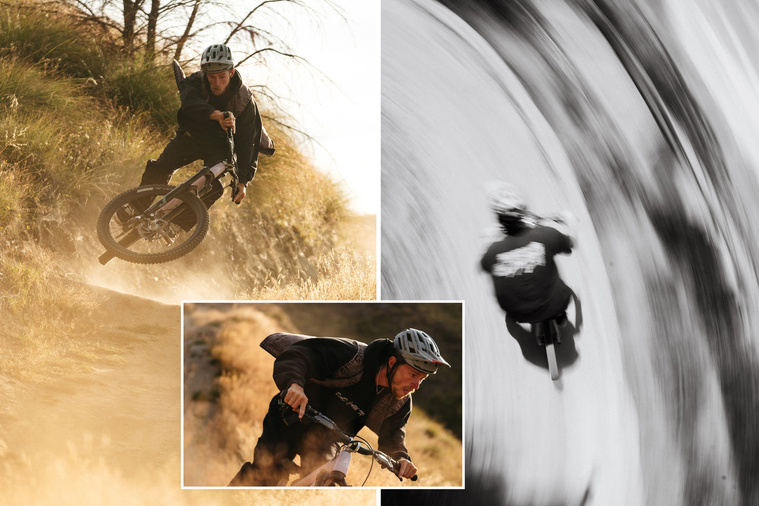 photo collage of people on mountain bikes