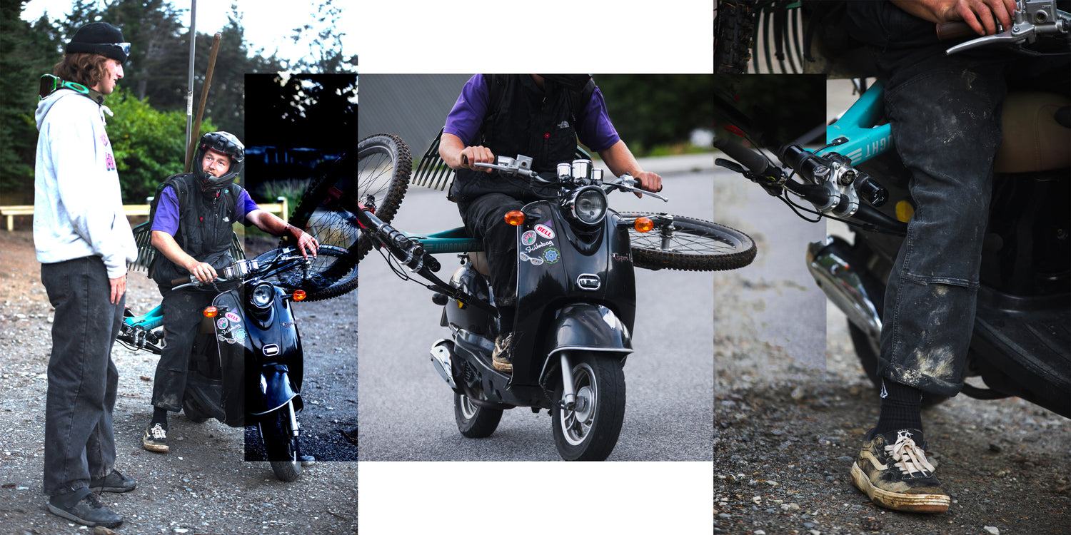 photo collage of a person riding a moped with a mountain bike wearing diesel utility pants
