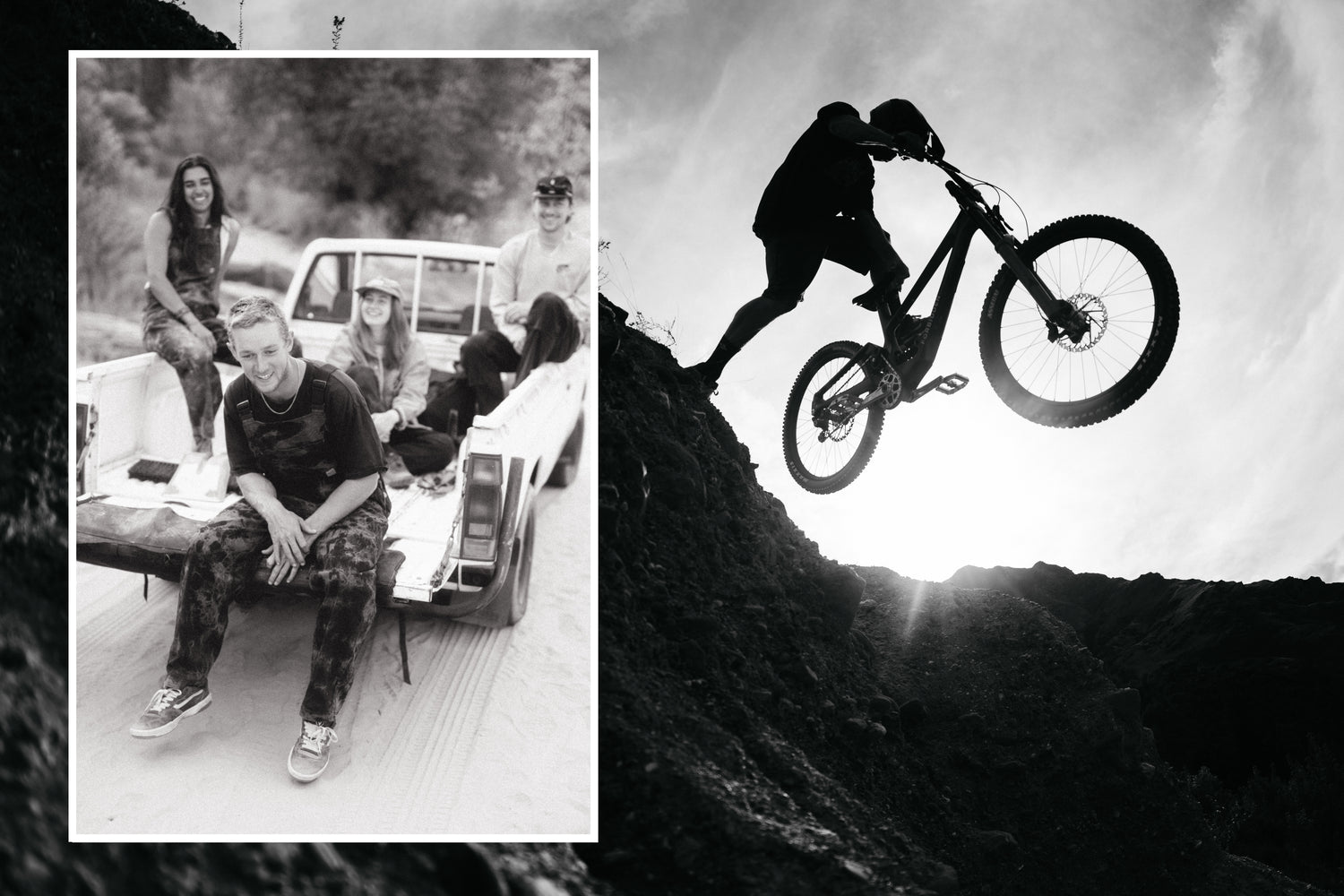 photo collage of a person on a mountain bike and people sitting in the bed of a truck