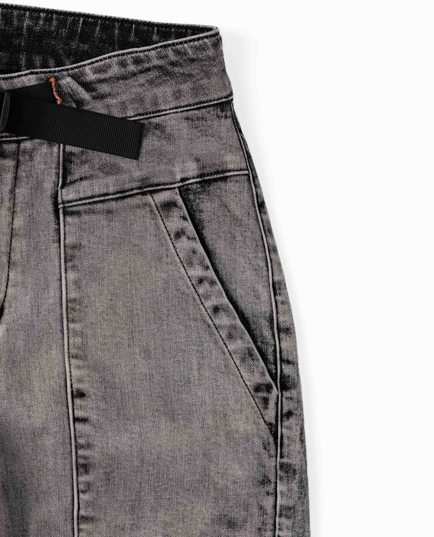 Gray jeans with a black belt on a white background
