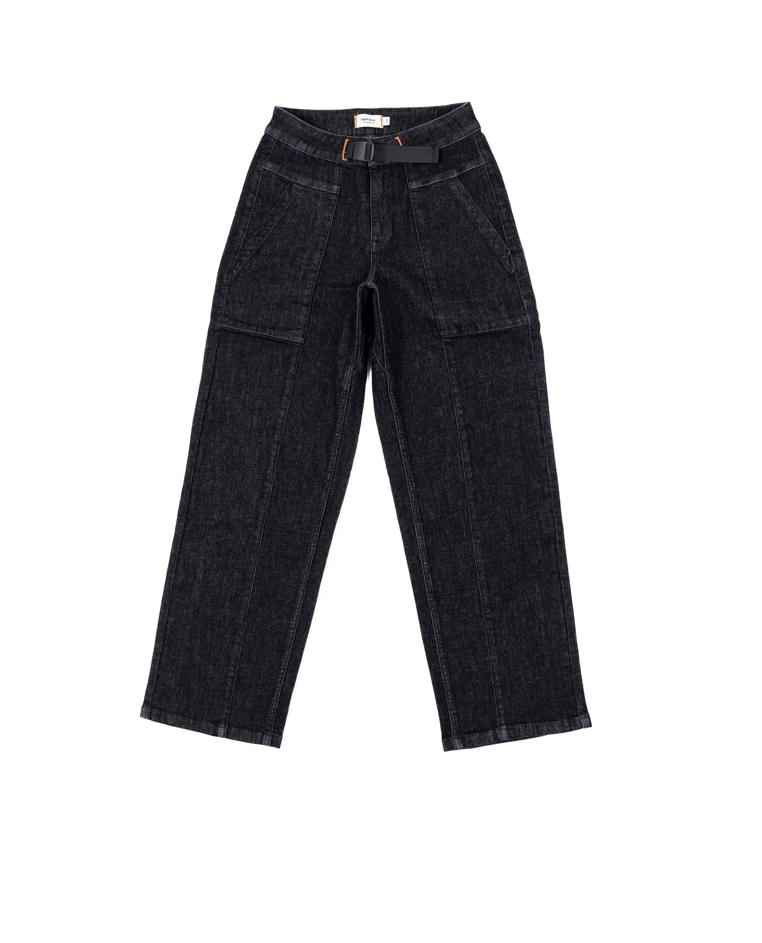 Black denim cargo pants on a white background