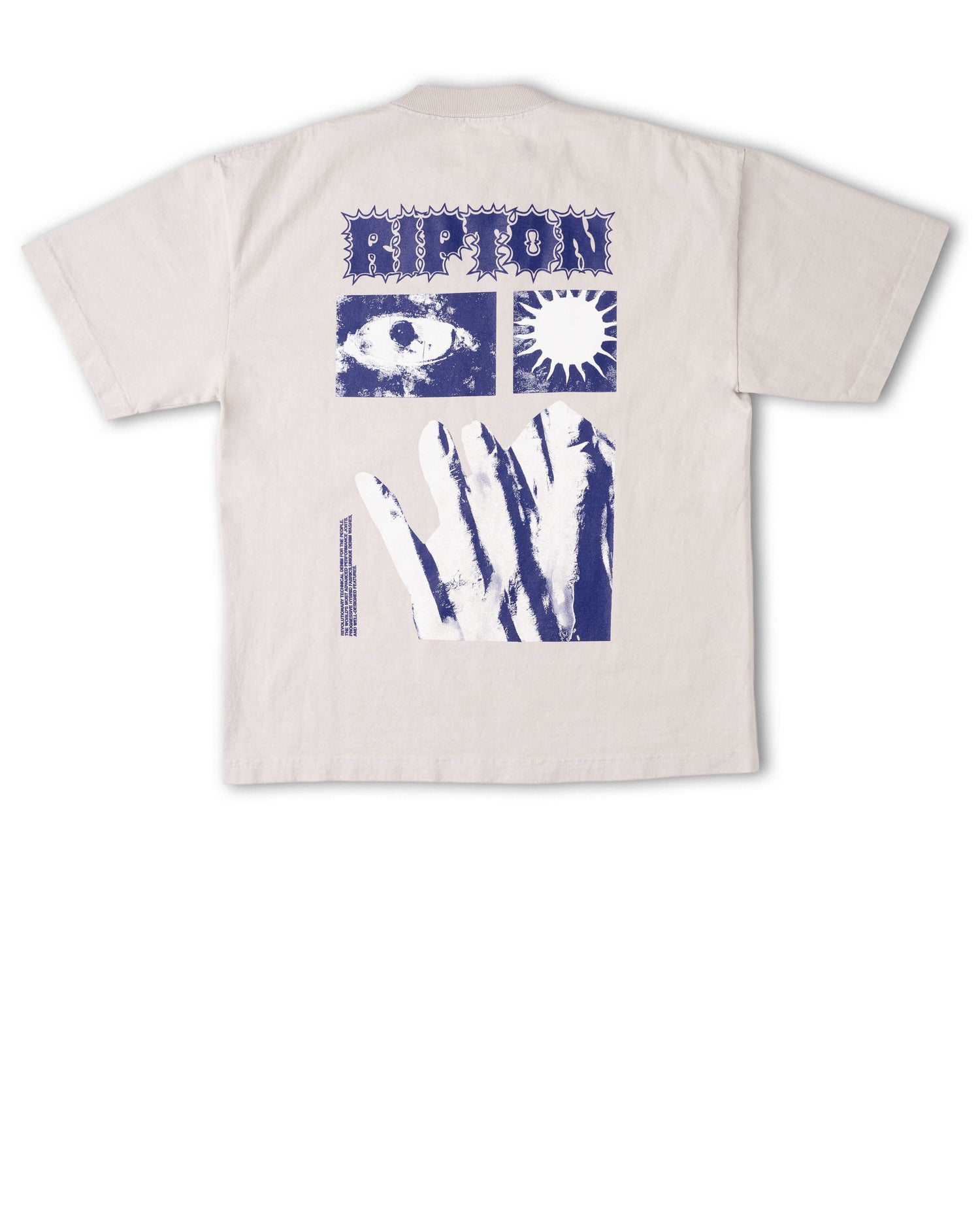Beige t-shirt with blue graphics and 'Ripton' branding on a white background