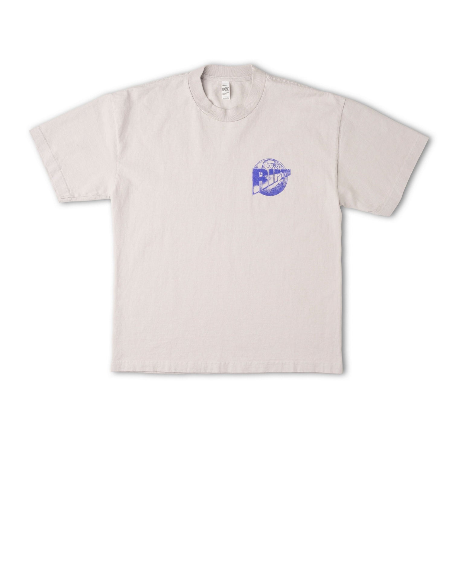 Beige t-shirt with a blue and white logo on a white background