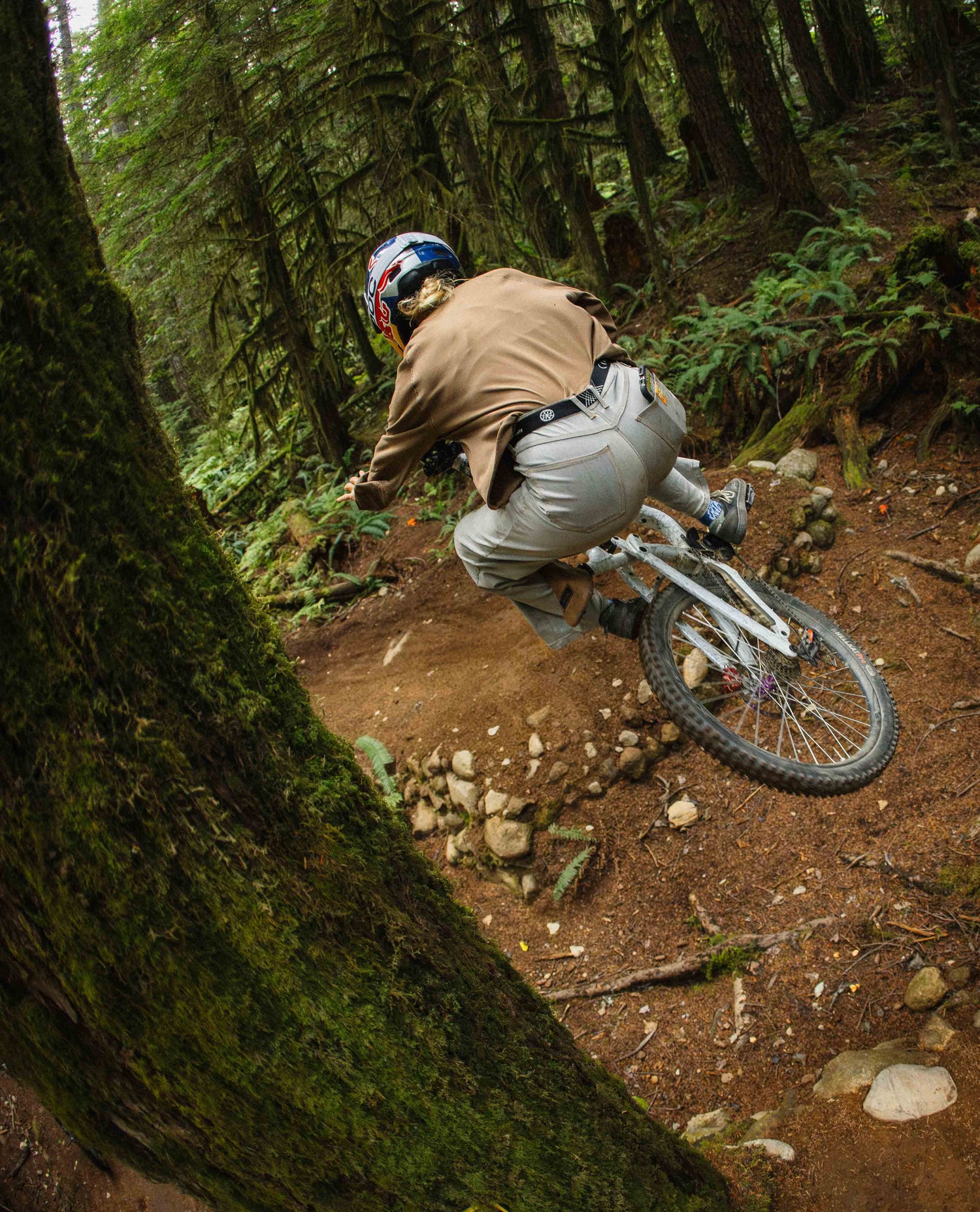 Person riding a mountain bike on a trail in a forest
