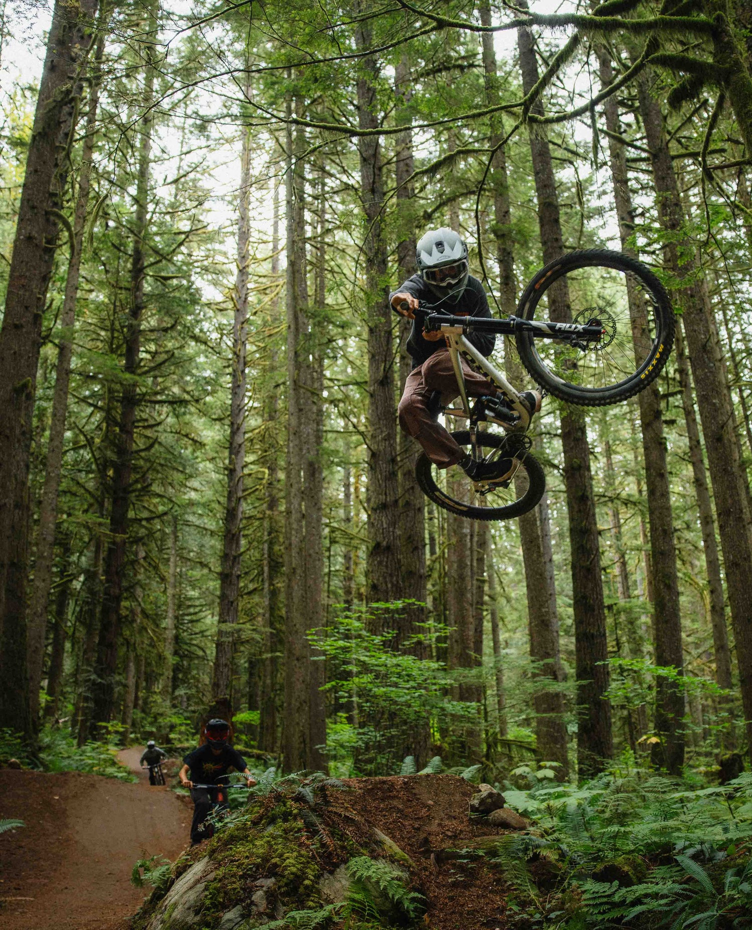 Person riding a mountain bike through a forest