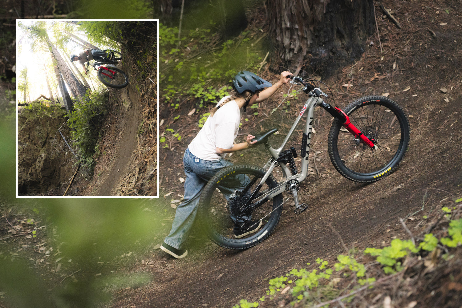 photo collage of janelle pushing a bike uphill then riding down it