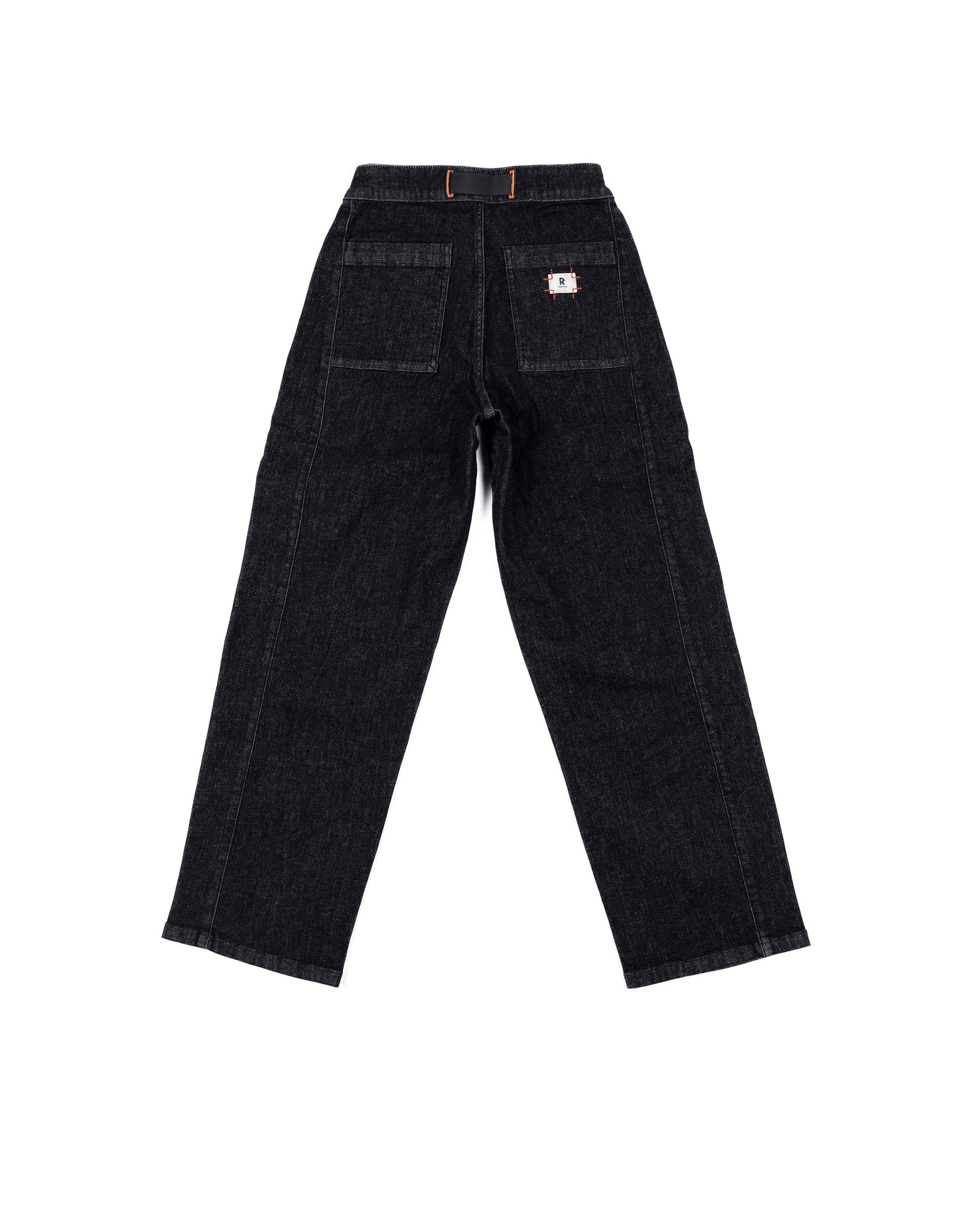 Black denim jeans on a white background