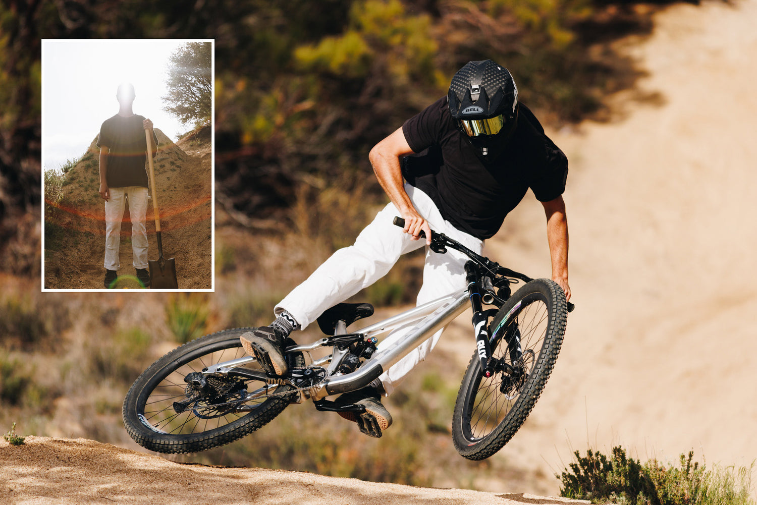 photo collage of a person riding in bone sport utility pants and building a dirt jump