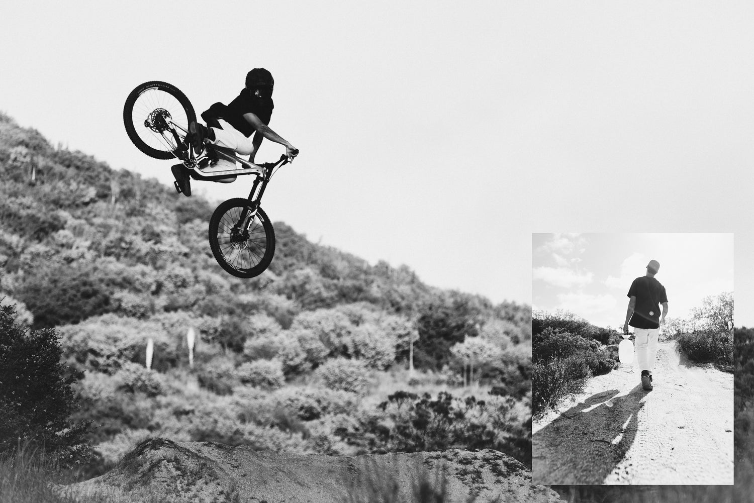 photo collage of a person jumping on a mountain bike and spraying a dirt jump with water