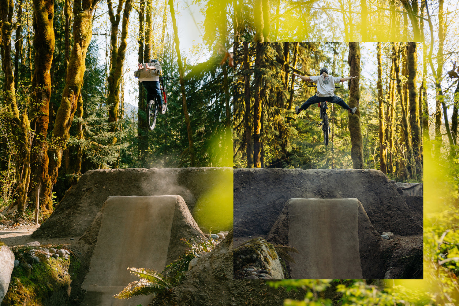 photo collage of a person jumping on a mountain bike