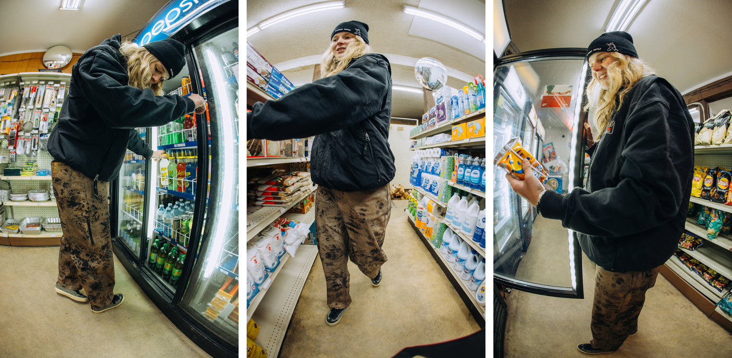 photo collage of a person at a gas station in superlite wides