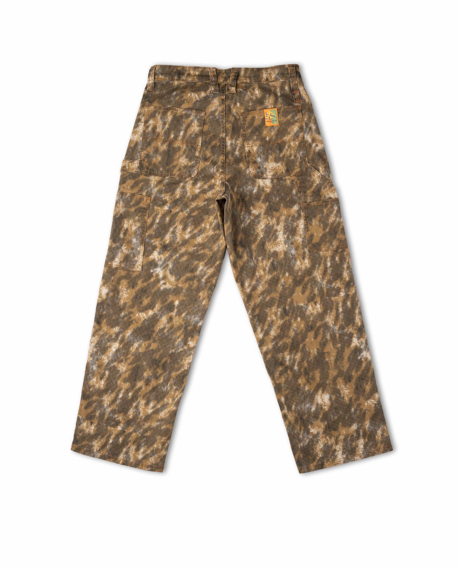 Camouflage pants with a brand logo on a white background