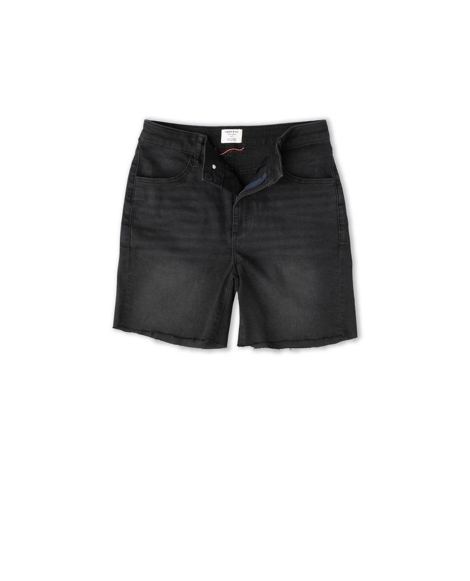 Black denim cutoff shorts on a white background
