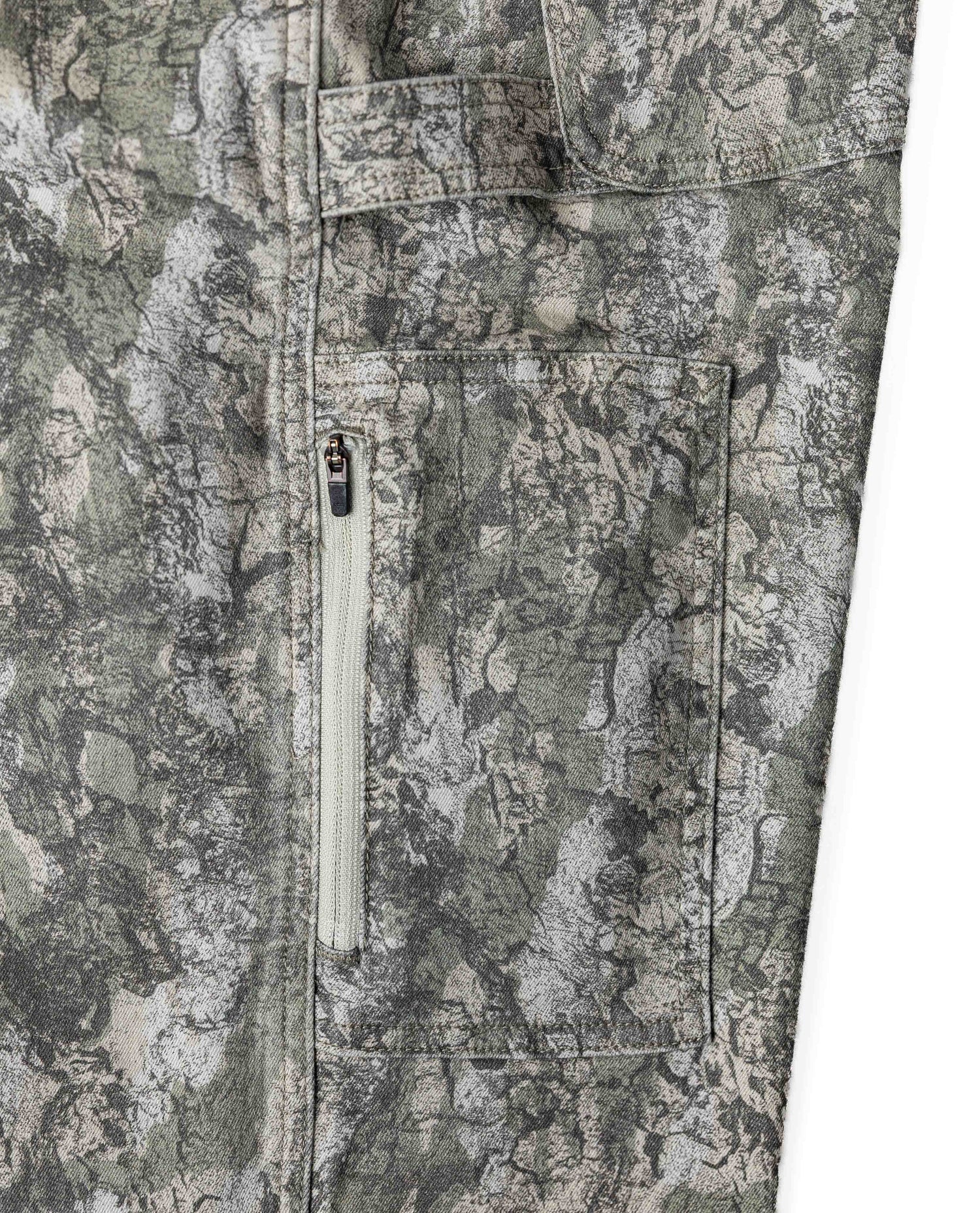 Close-up of a camouflage-patterned jacket with a zipper and pocket details.