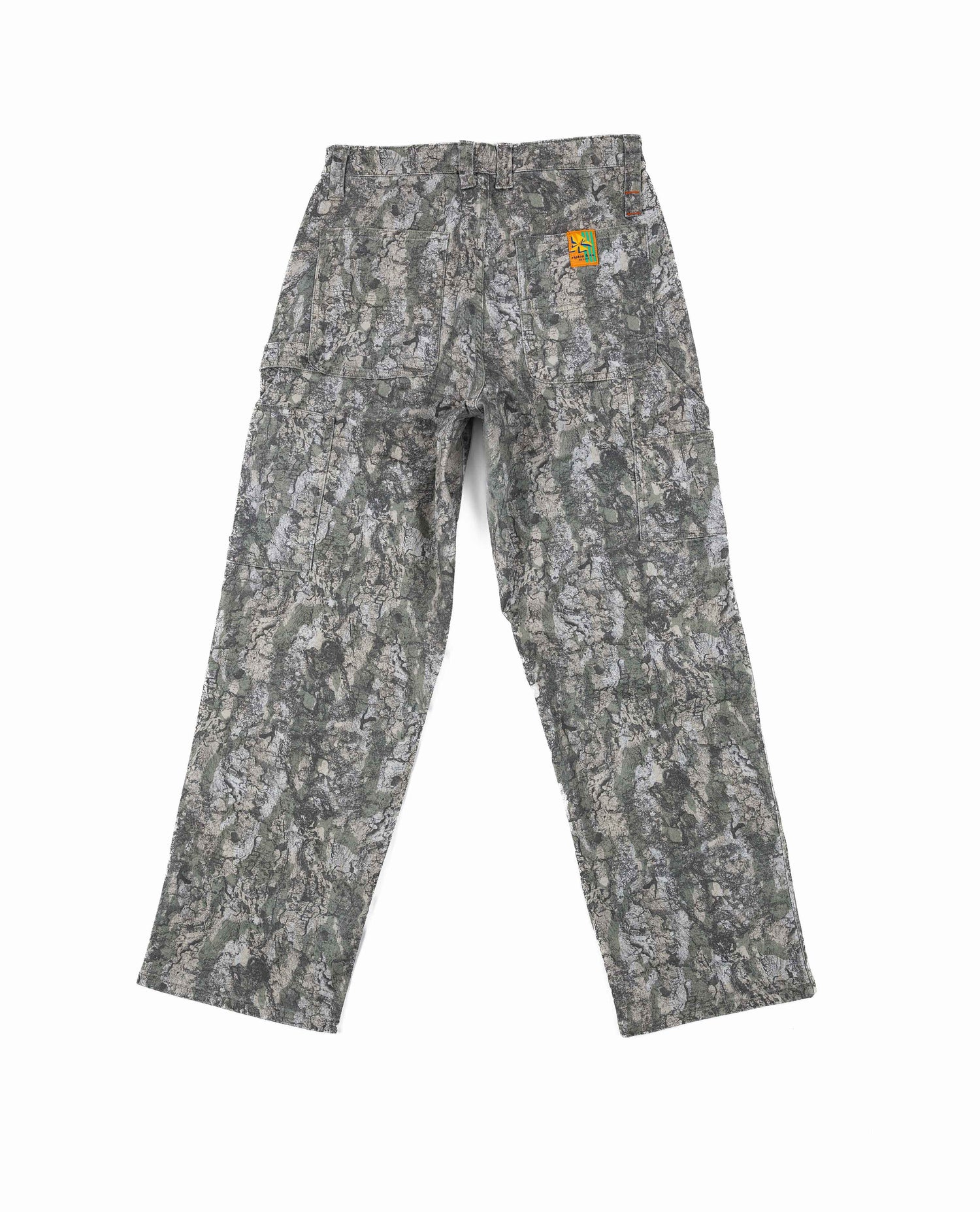 Camouflage-patterned pants with a brand logo on a white background