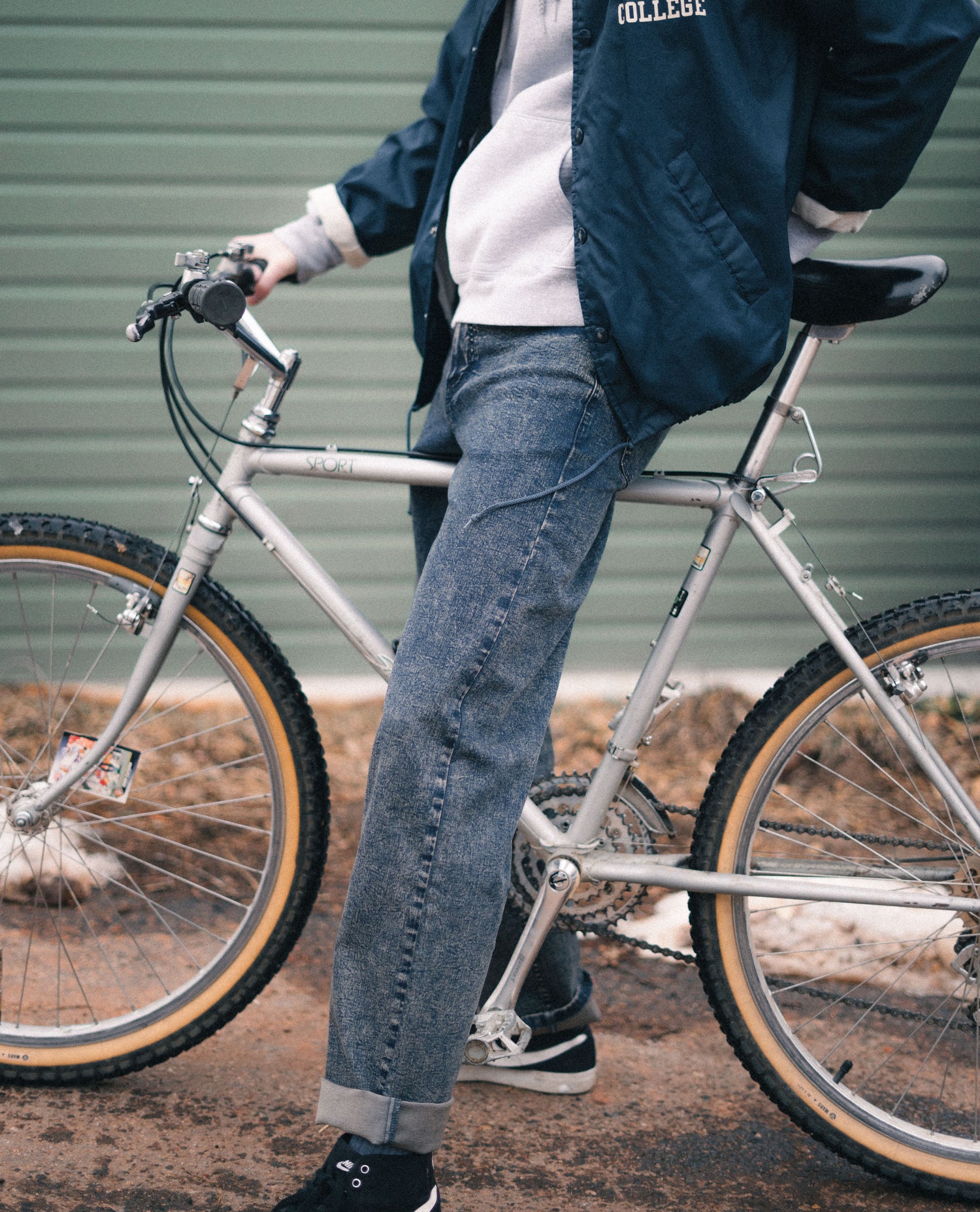 Chillin with a bike in Superlite Pregame jeans