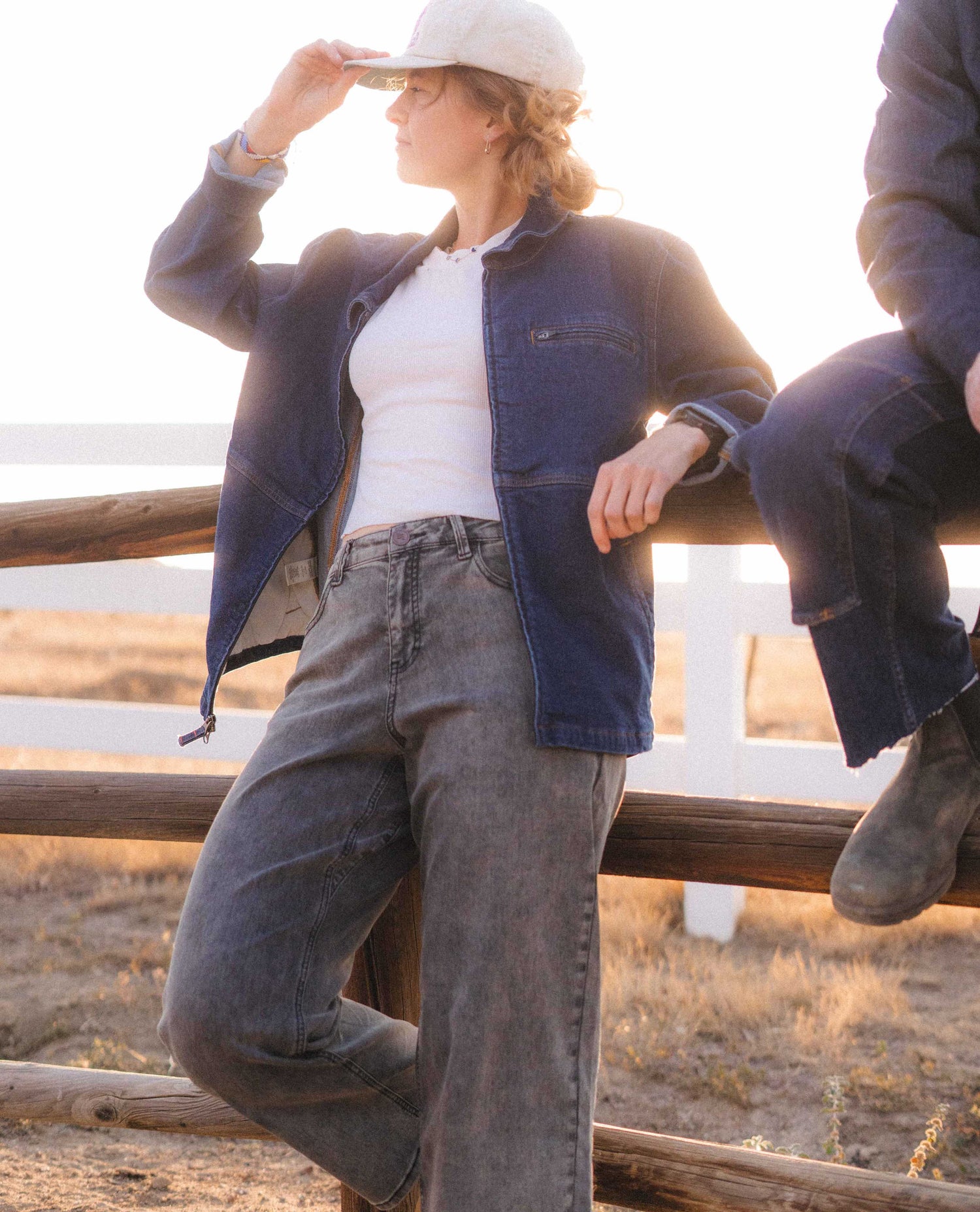 Woman standing in Ripton Denim Sport Utility Jacket.