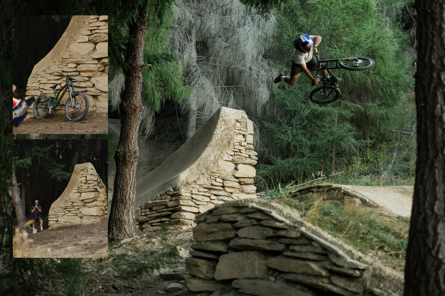 photo collage of a person riding and building a dirt jump