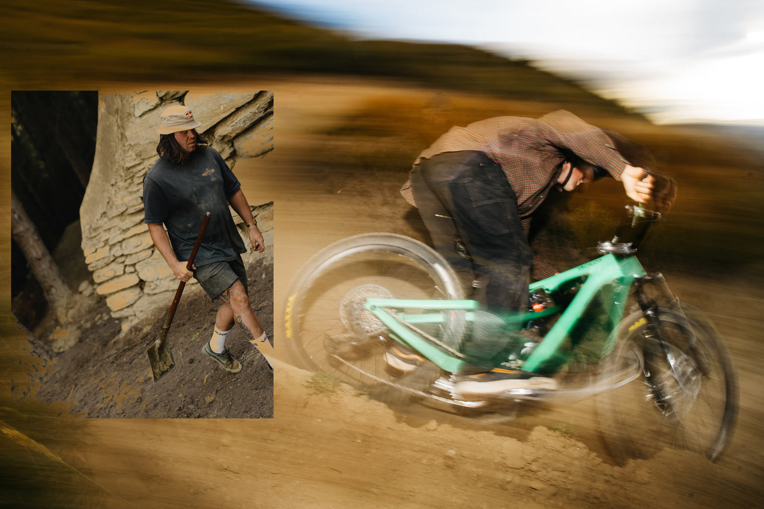 photo collage of a person riding a mountain bike and building a dirt jump
