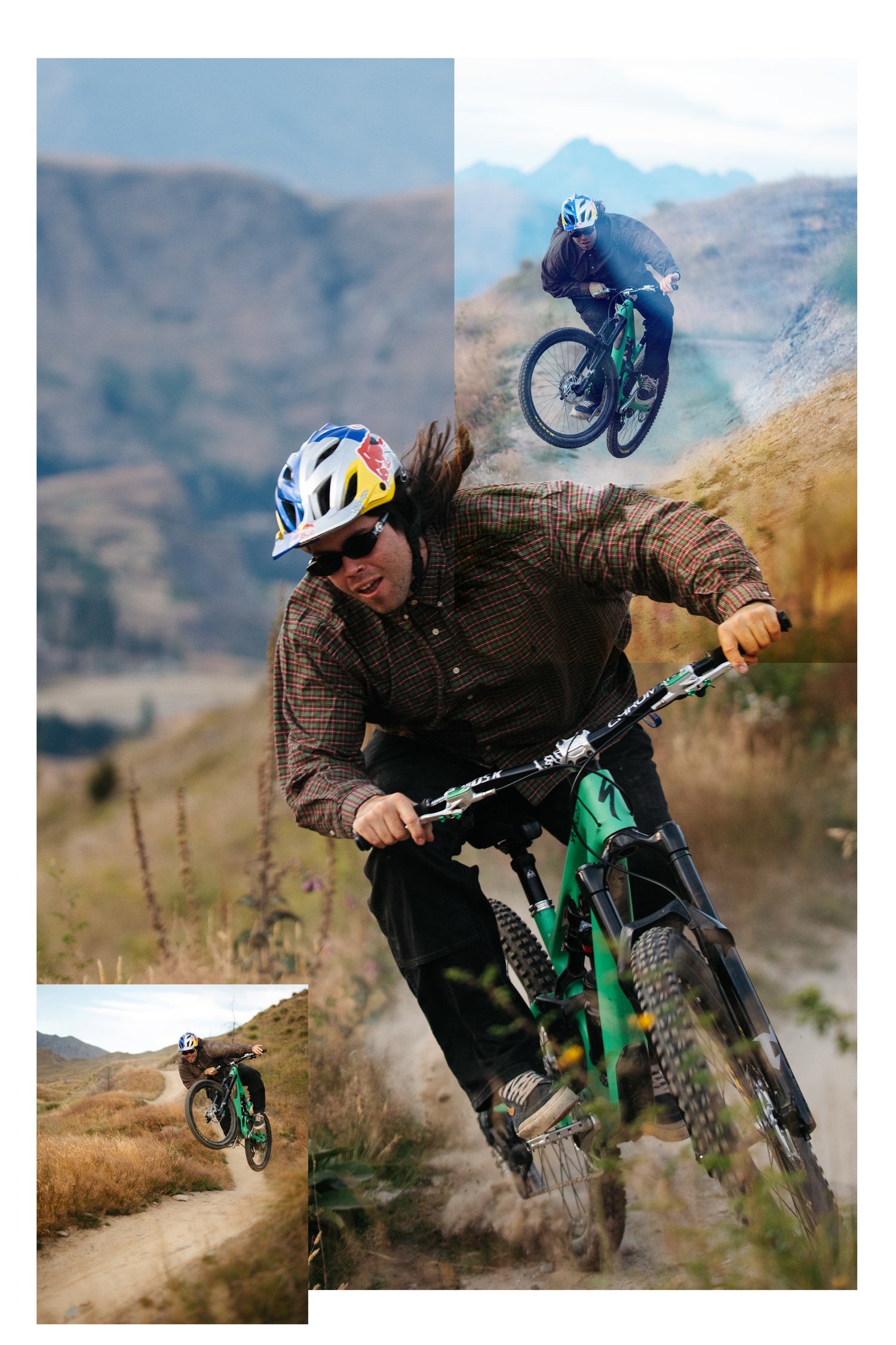 photo collage of people on mountain bikes