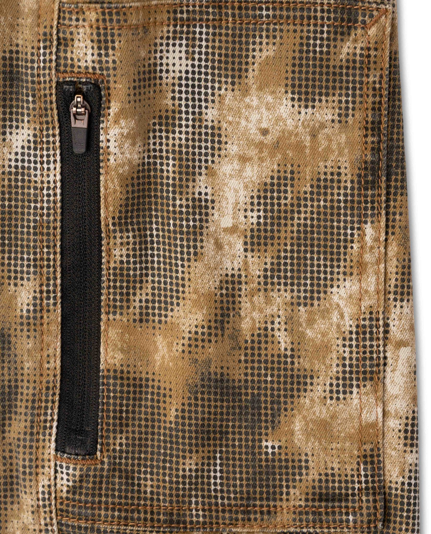 Camouflage-patterned bag with a black zipper on a white background
