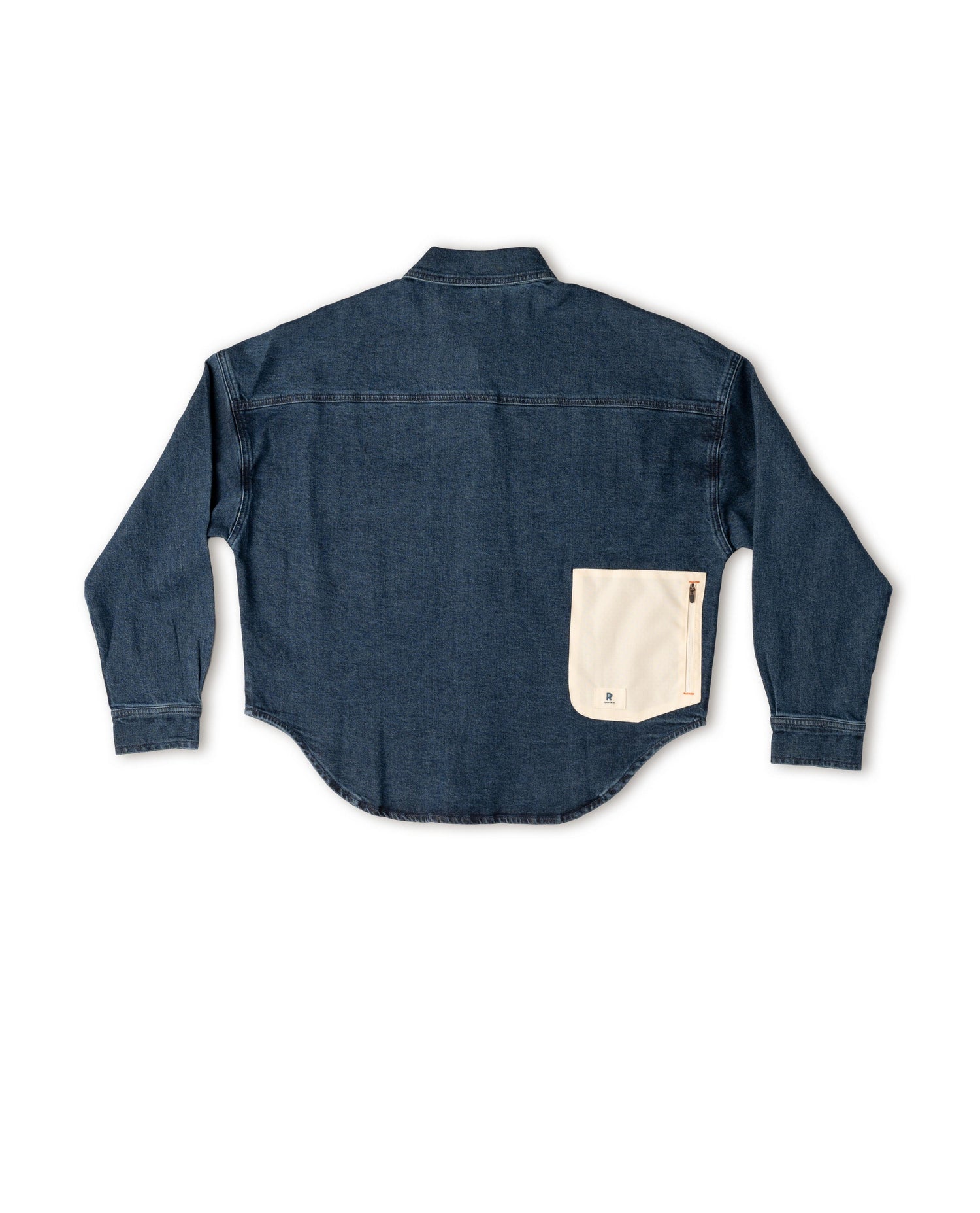 Blue denim shirt with a white pocket on a white background