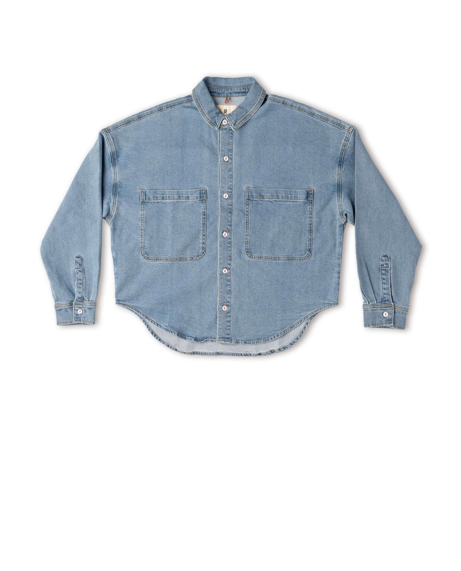 Light blue denim shirt on a white background