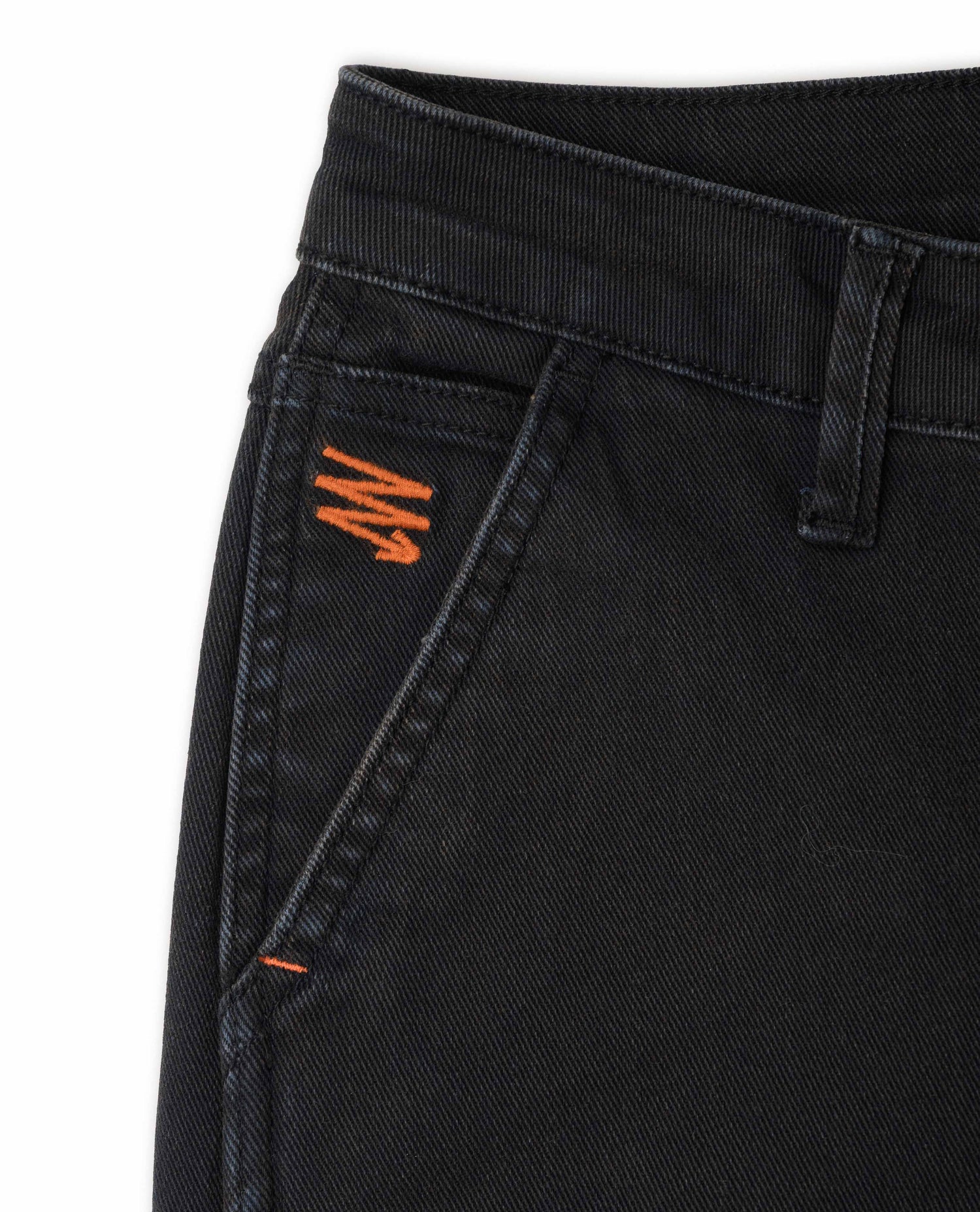 Black utility pants embroidery detail