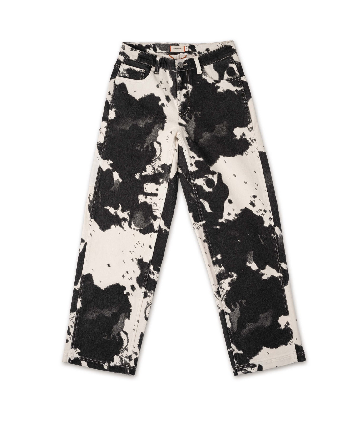 Black and white splatter paint pants on a white background