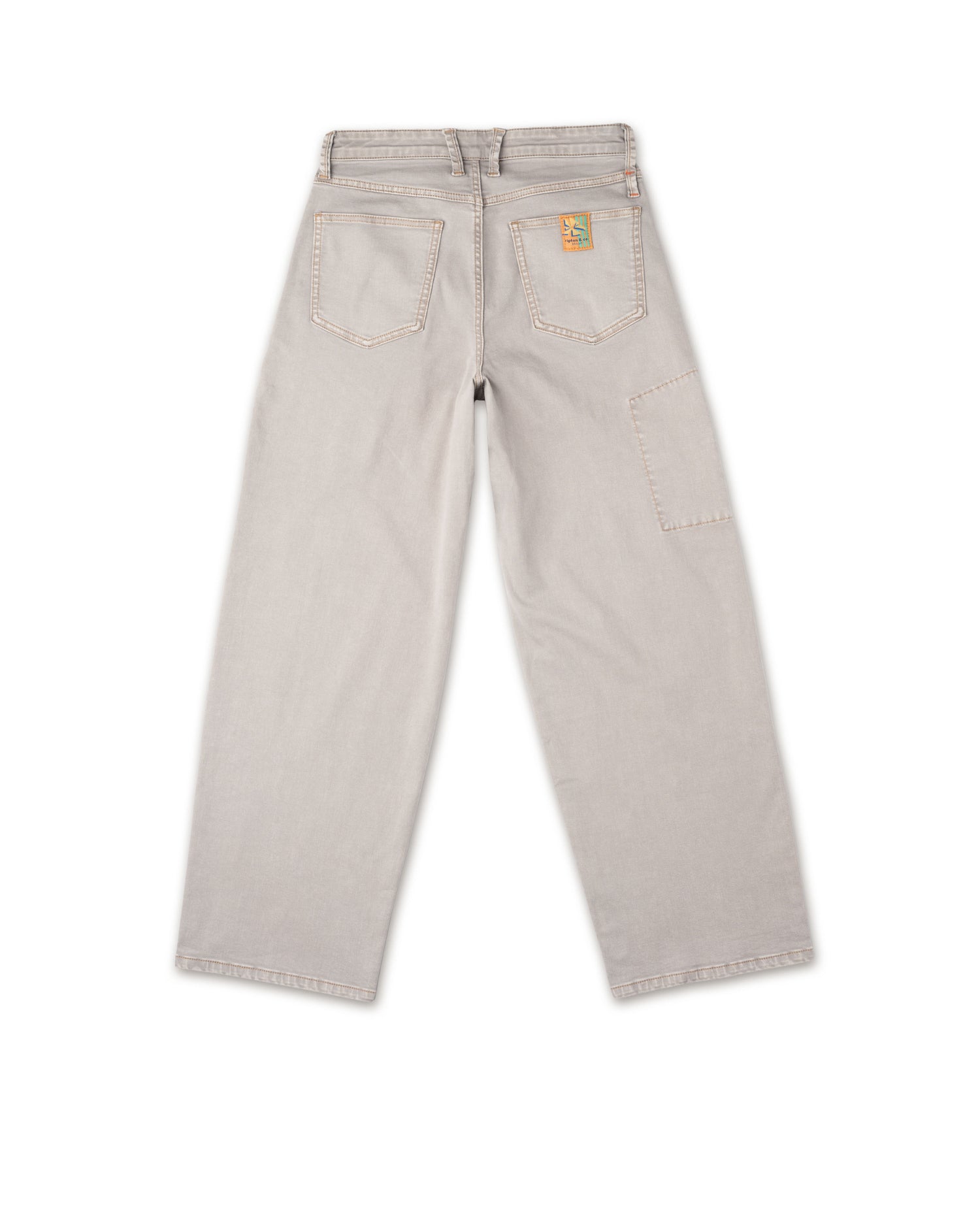 Beige pants with a brand logo on a white background