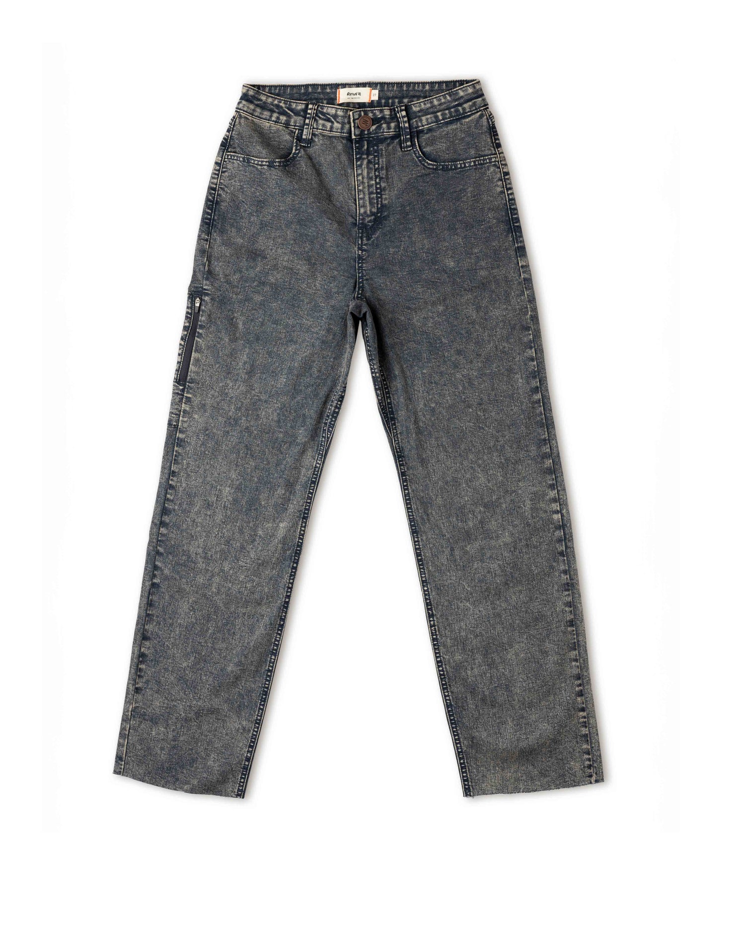 A pair of denim jeans with a fade effect and classic design, including a front zipper, button fly, and back pockets.