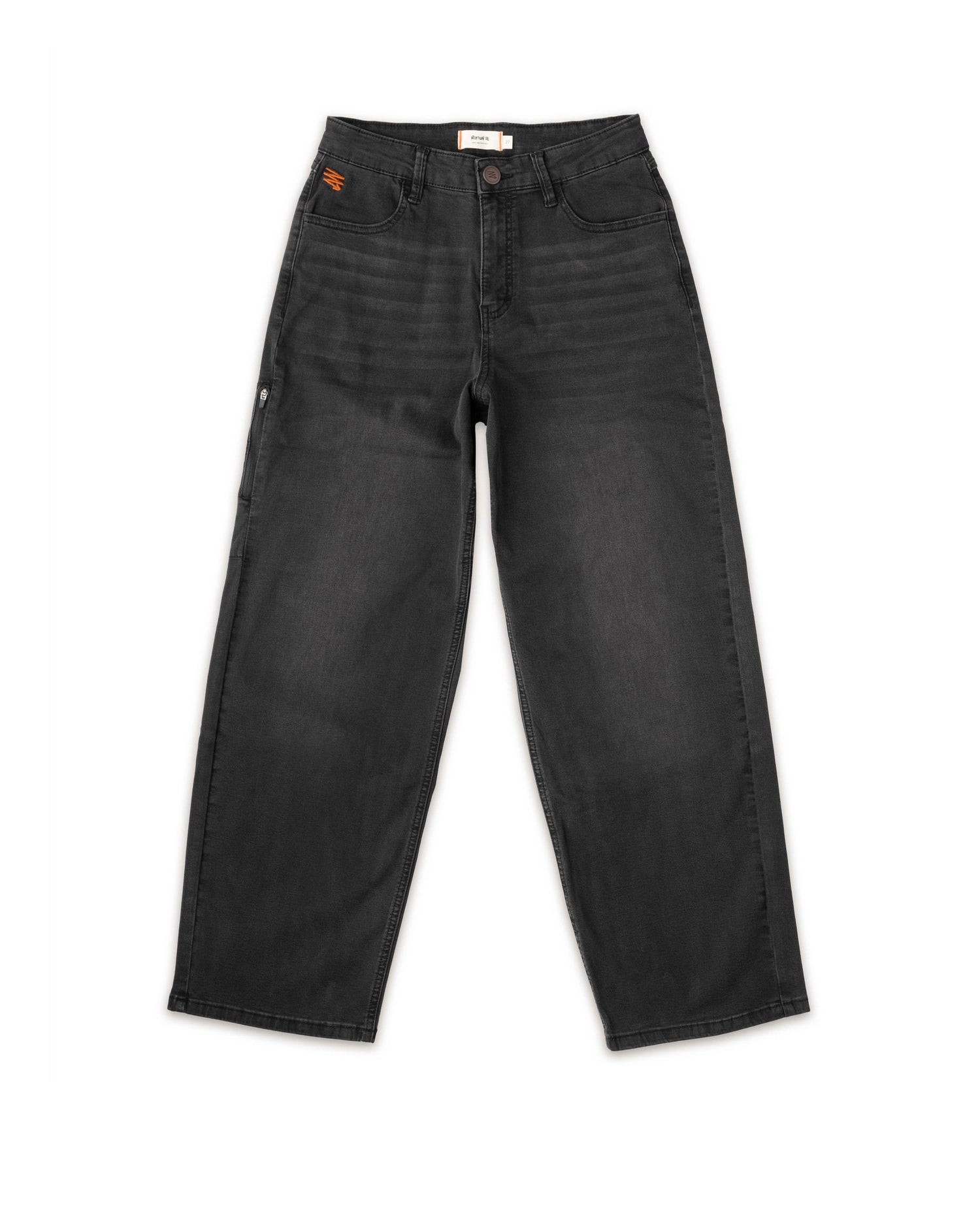A pair of women's wide leg black jeans with a mid-rise waist.