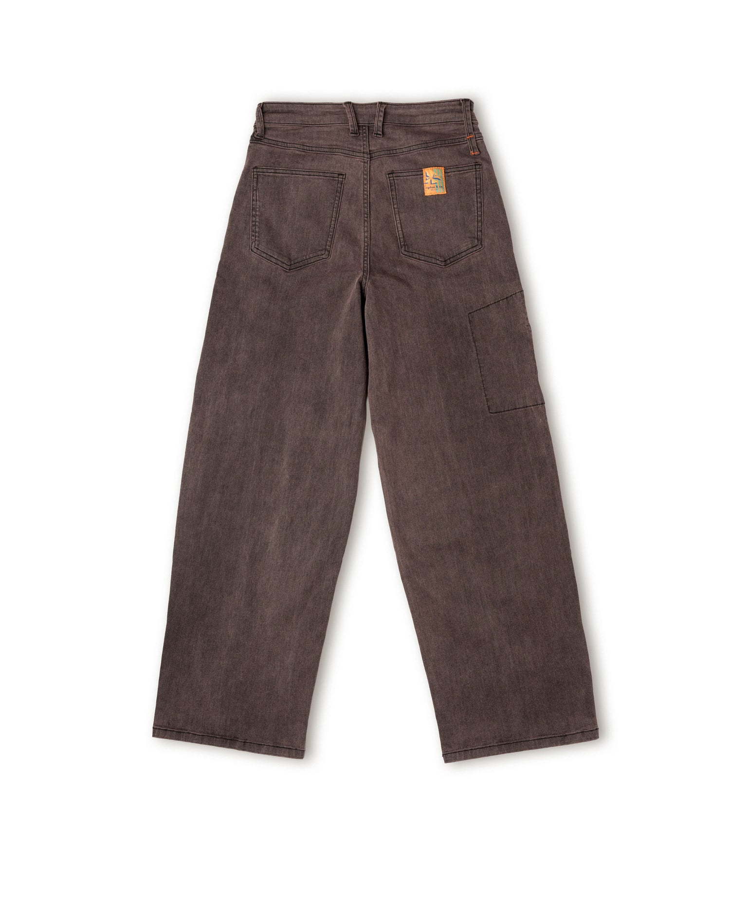 Brown pants with a brand label on a white background