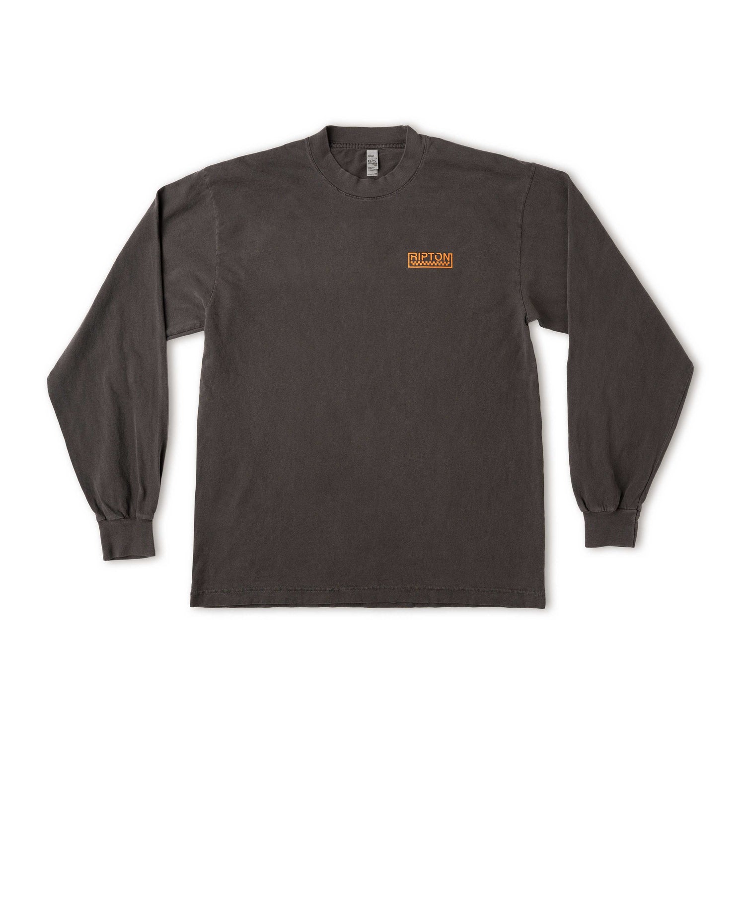 Dark gray long-sleeve shirt with a small logo on a white background