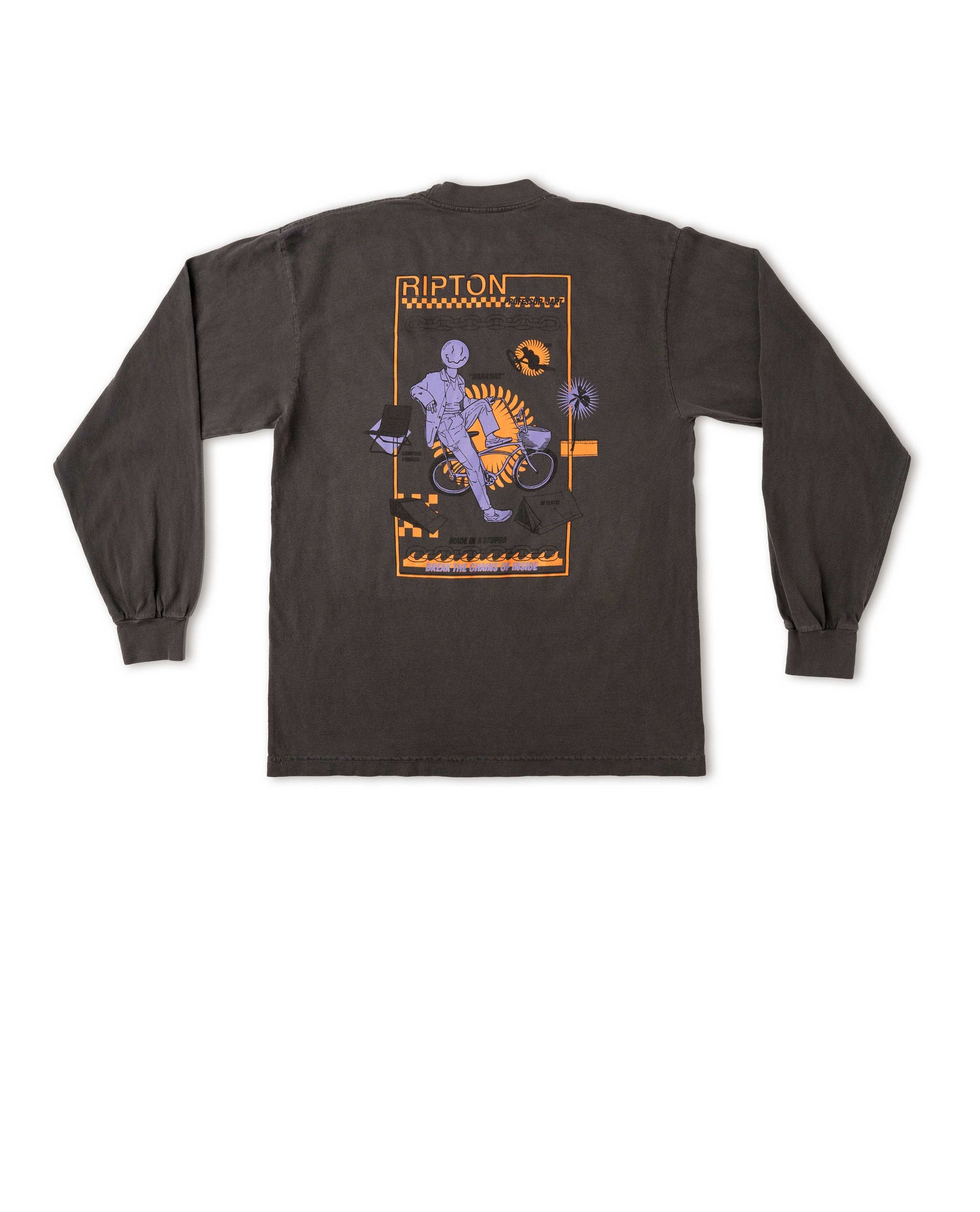 Black long-sleeve shirt with graphic design on the back against a white background