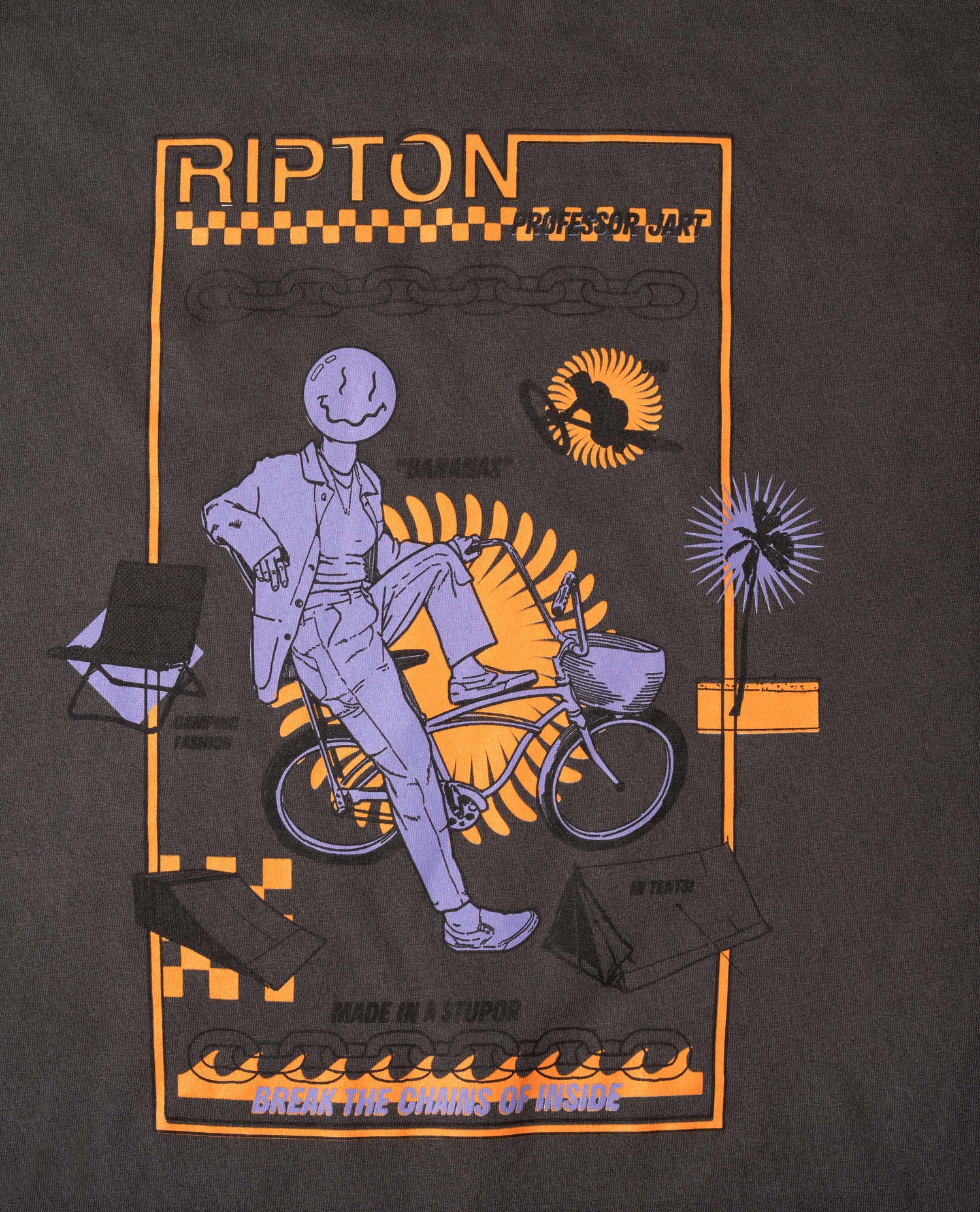 T-shirt with a graphic design featuring a person on a bike, sun, and text on a dark background.