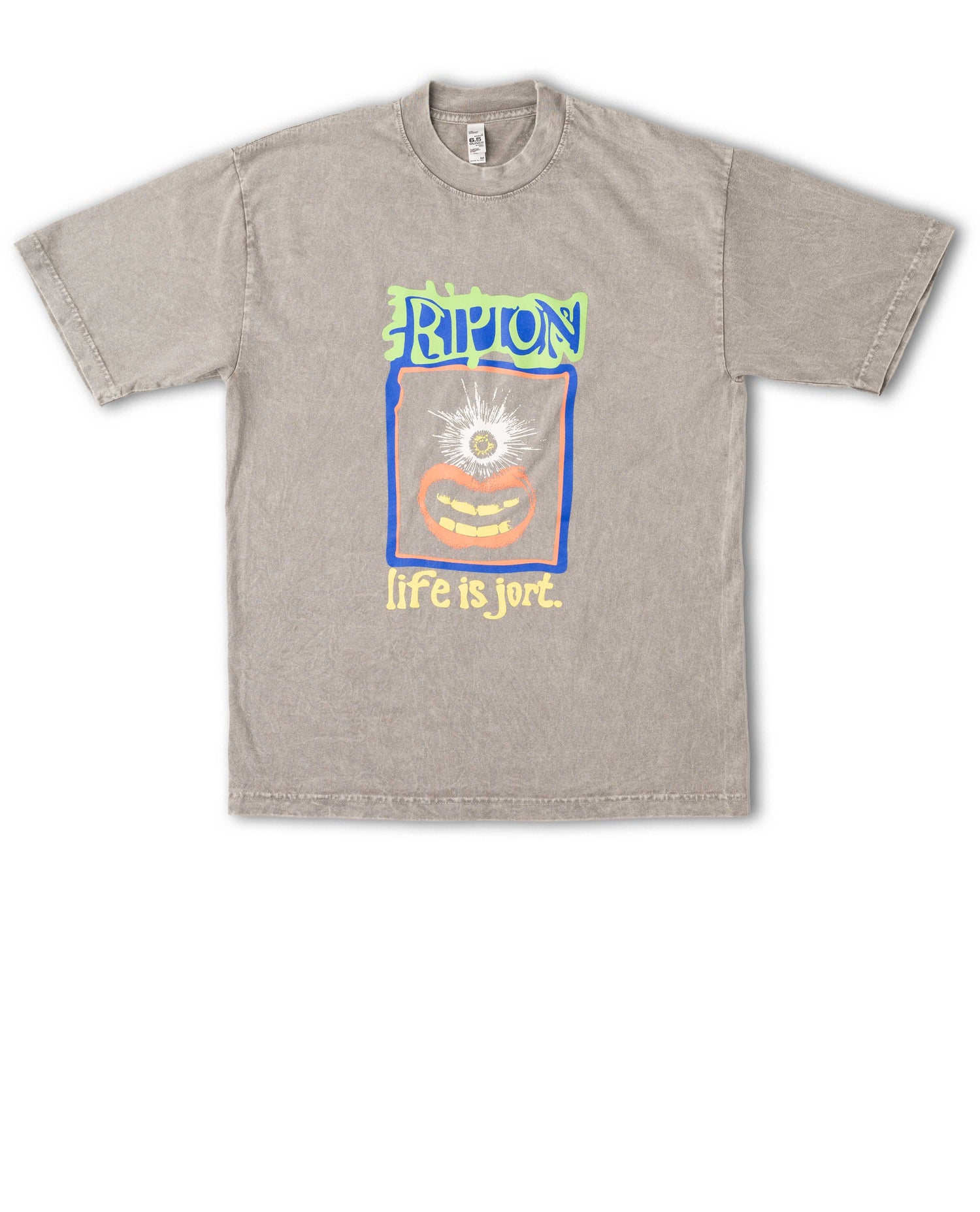 Gray t-shirt with colorful graphic design on a white background