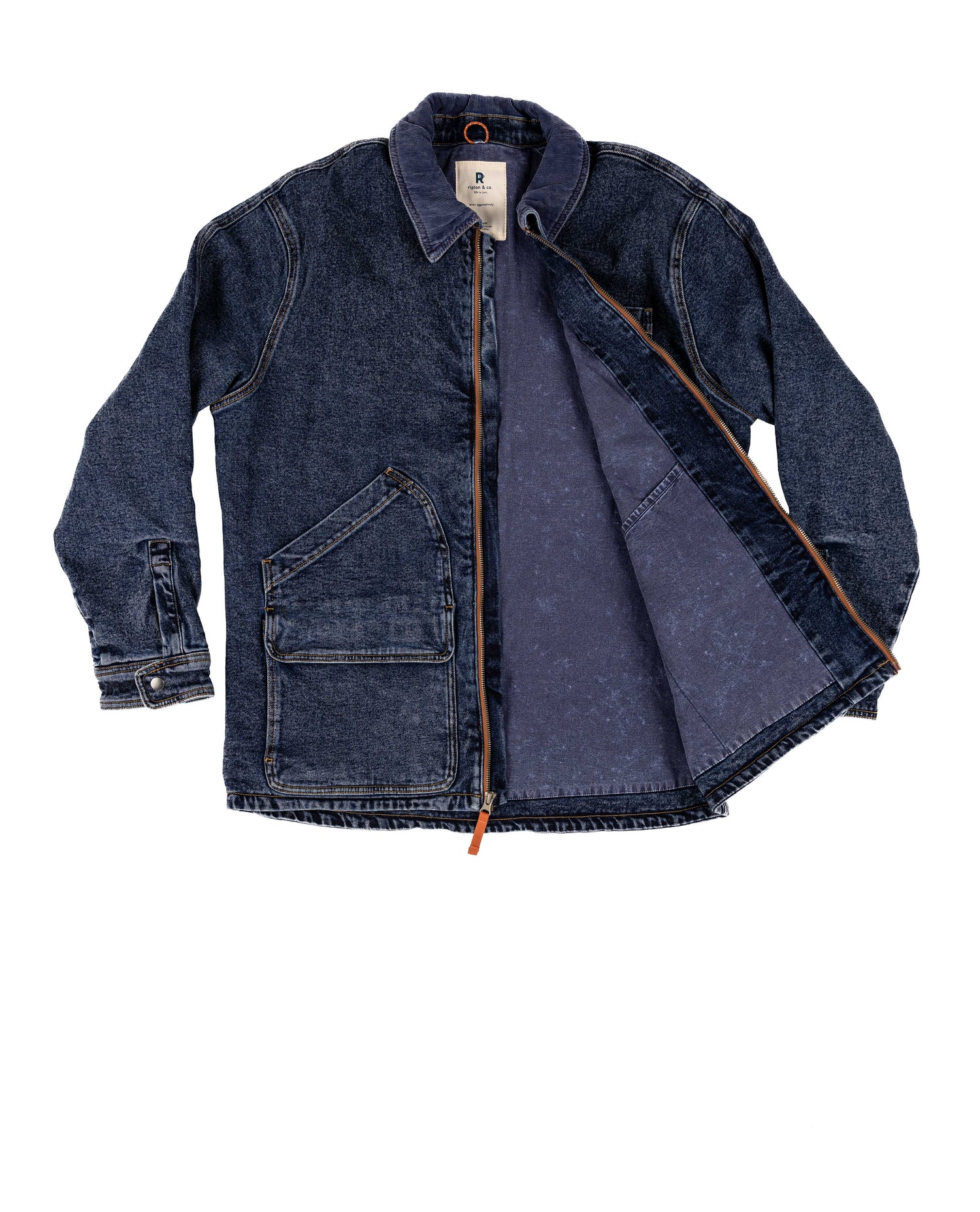 Blue denim jacket with a zipper on a white background