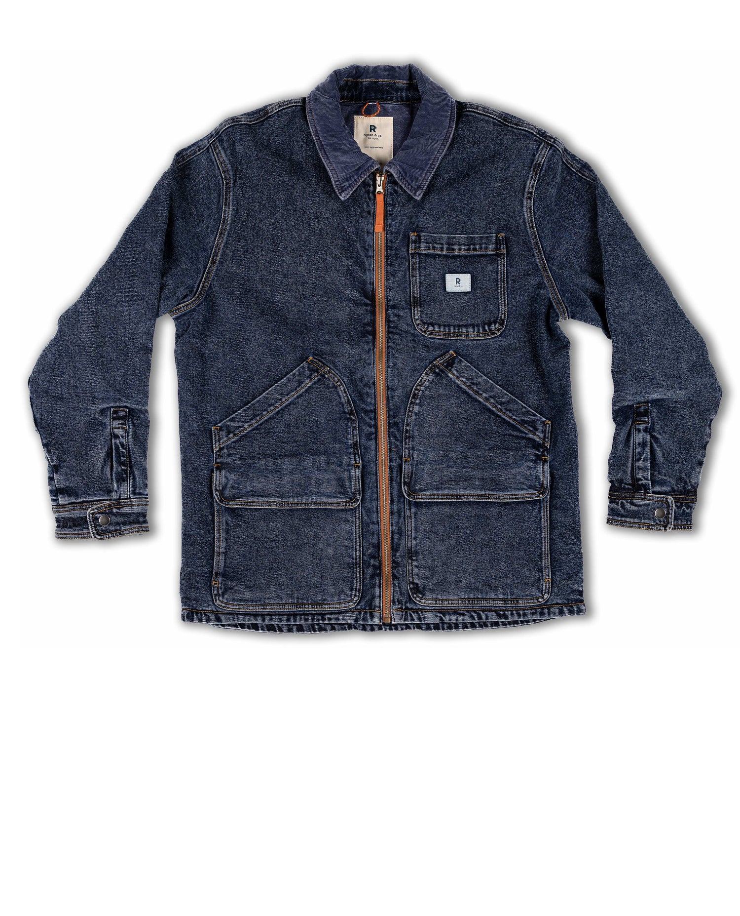 Blue denim jacket with multiple pockets on a white background