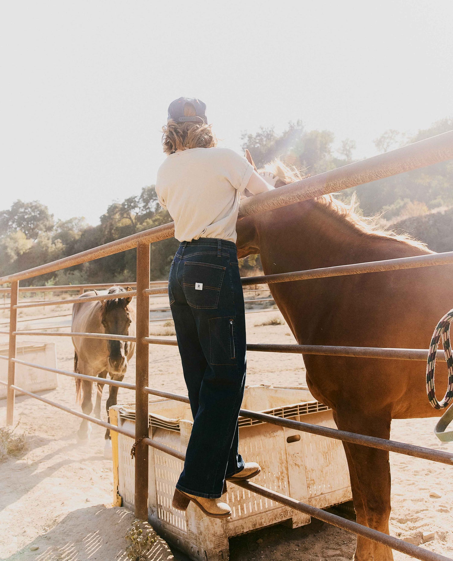 A person stands on a metal gate next to a brown horse in a sunny outdoor ranch setting, wearing dark blue cargo jeans, a cream t-shirt, and brown boots.