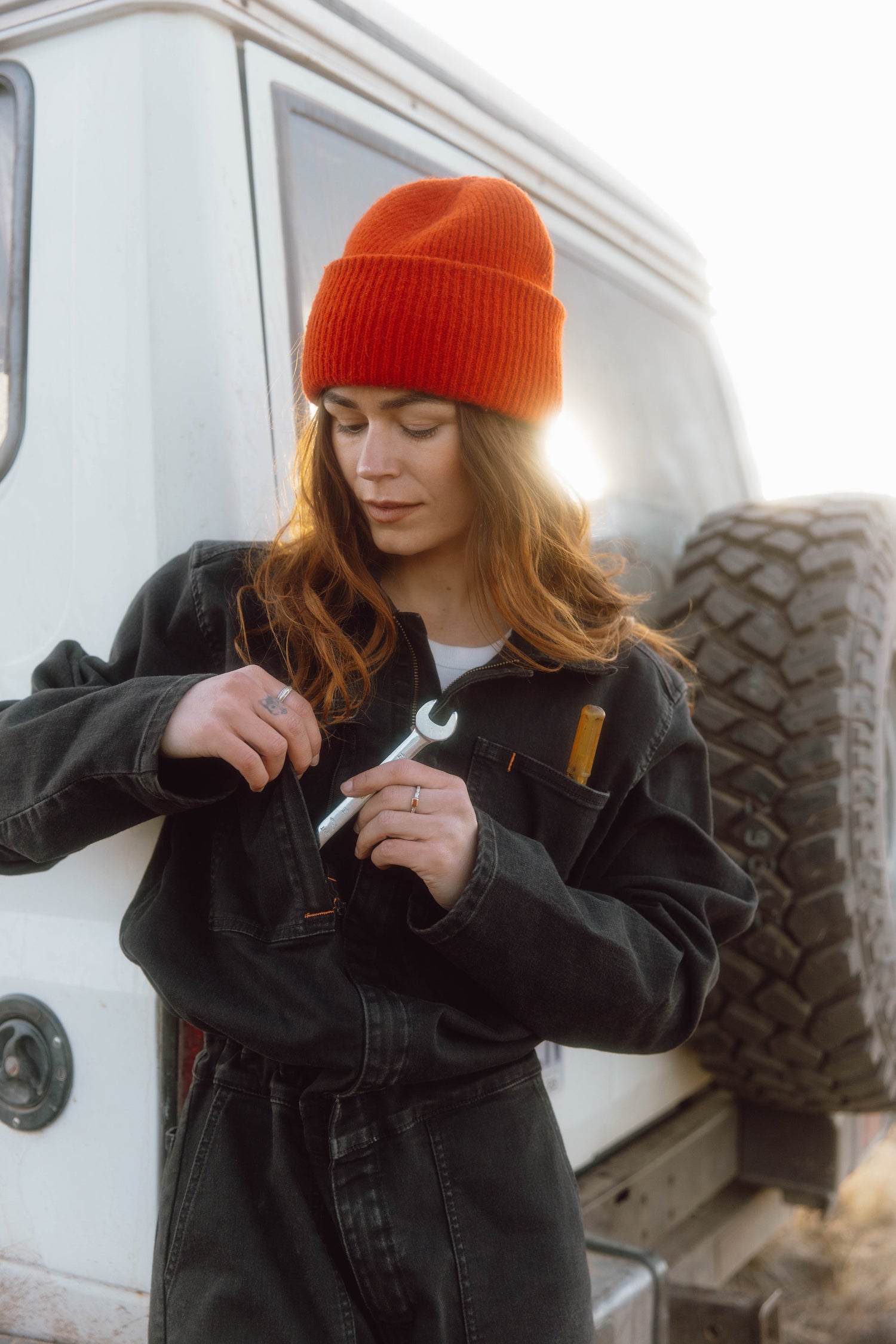 Lady wearing black coveralls