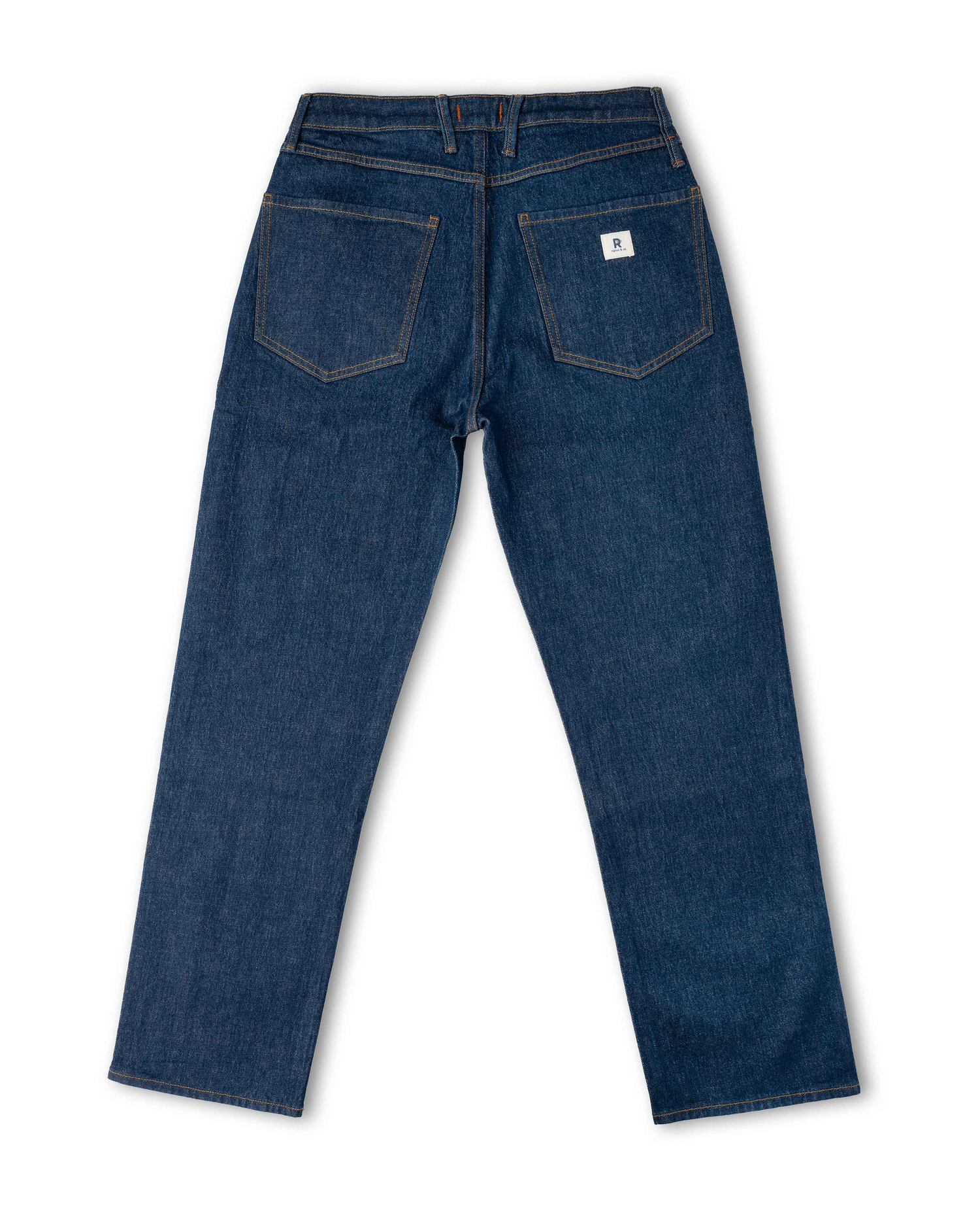 Dark wash jeans, back view, on white background