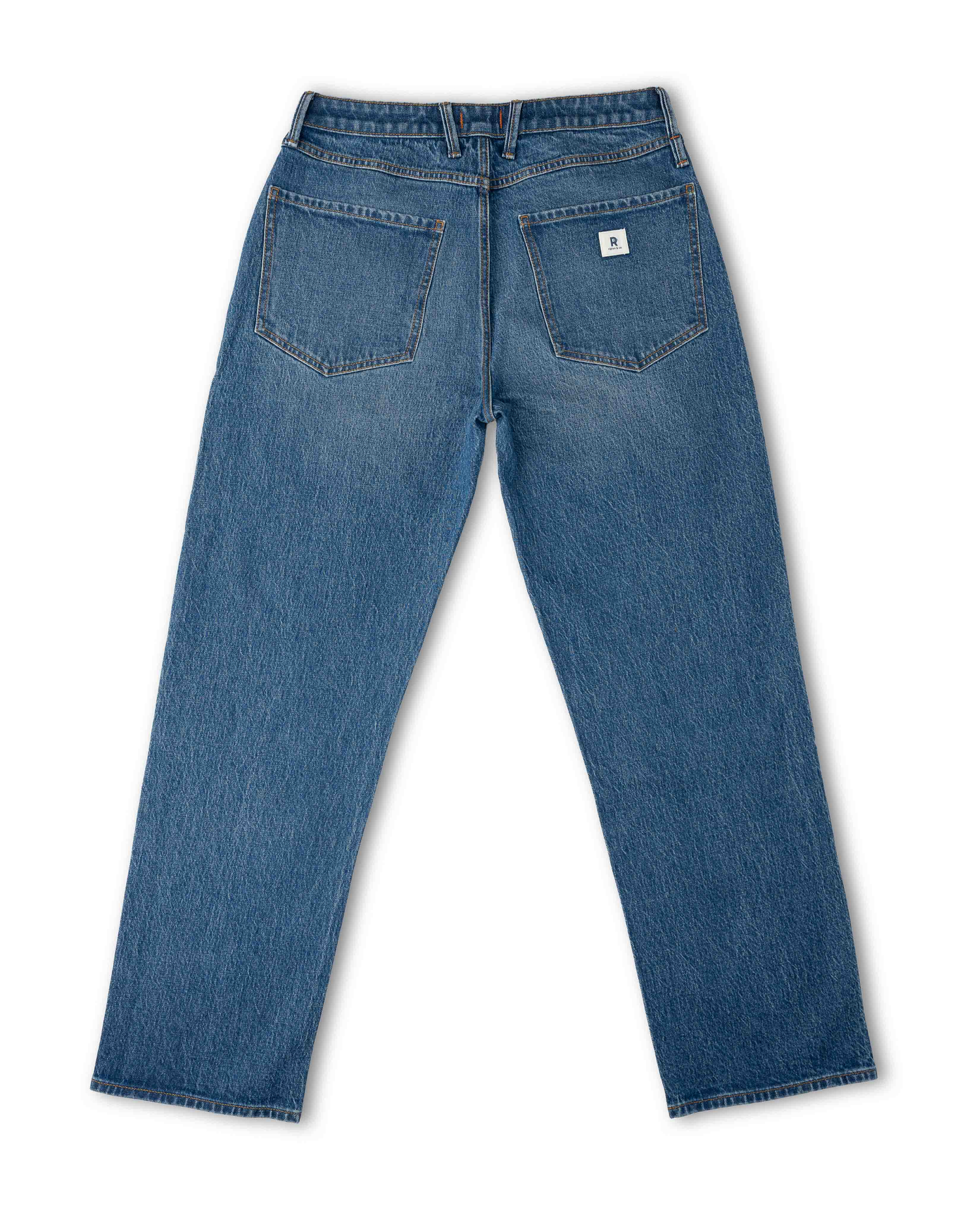 Medium wash jeans, back view, on white background.