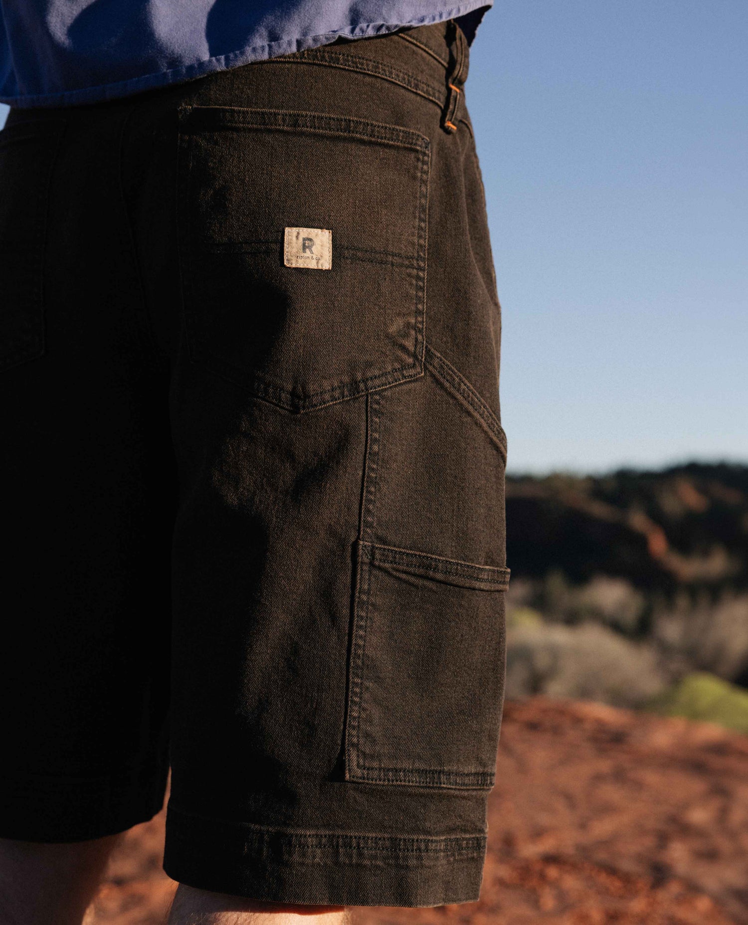 Brown cargo shorts with a visible brand logo worn by a person in an outdoor setting.