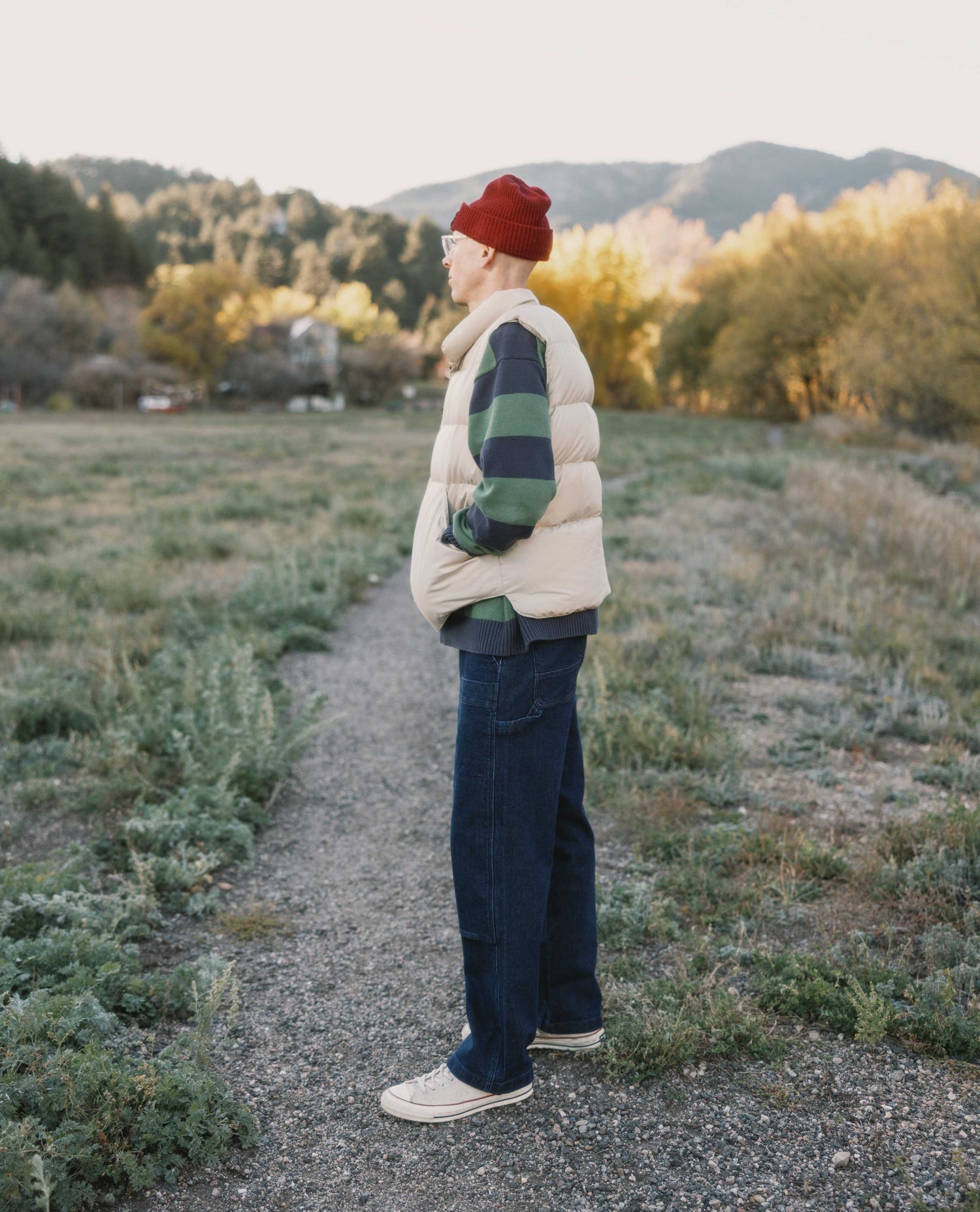 Person standing on a path in a field with mountains in the background