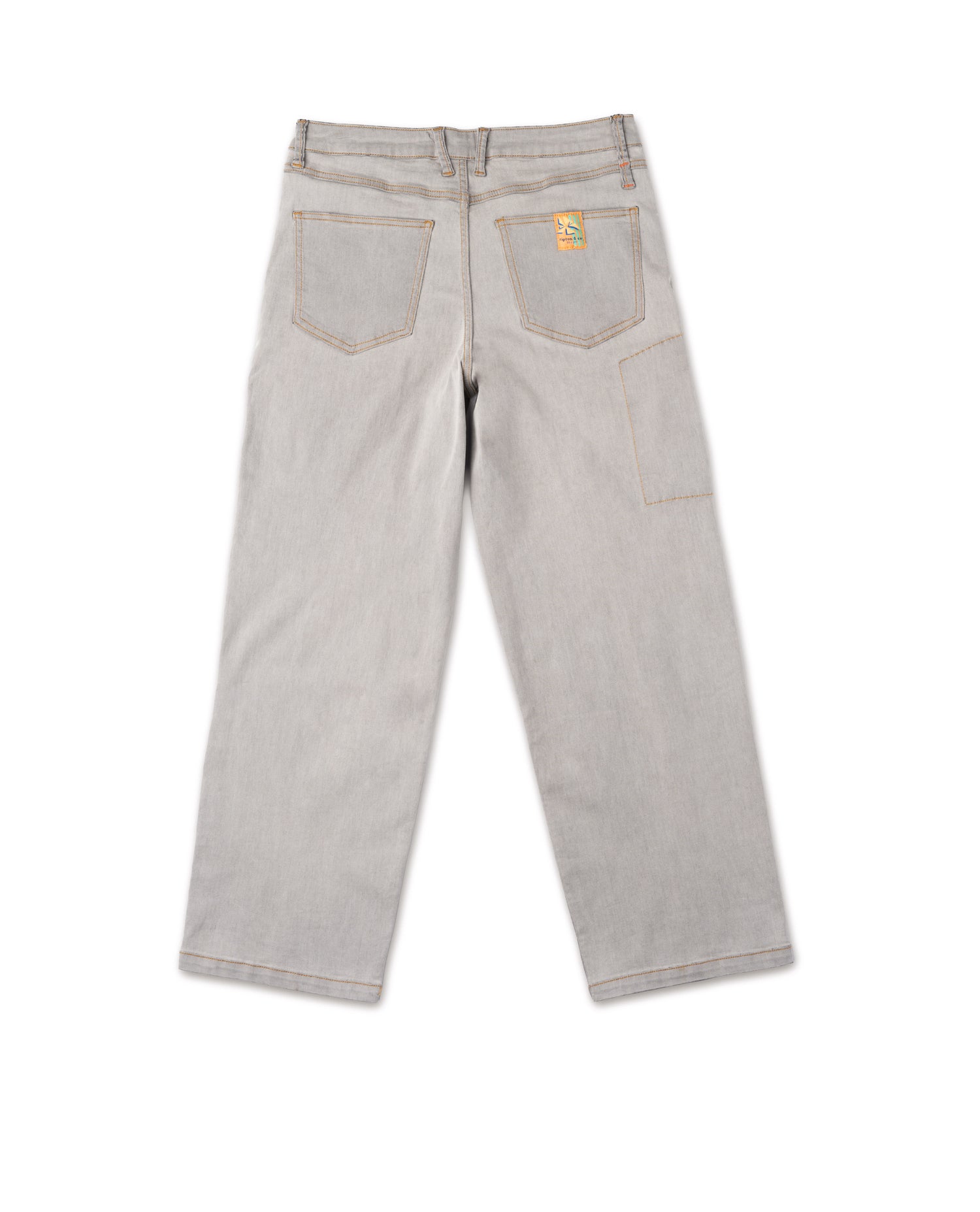 Light gray jeans with brand logo on a white background