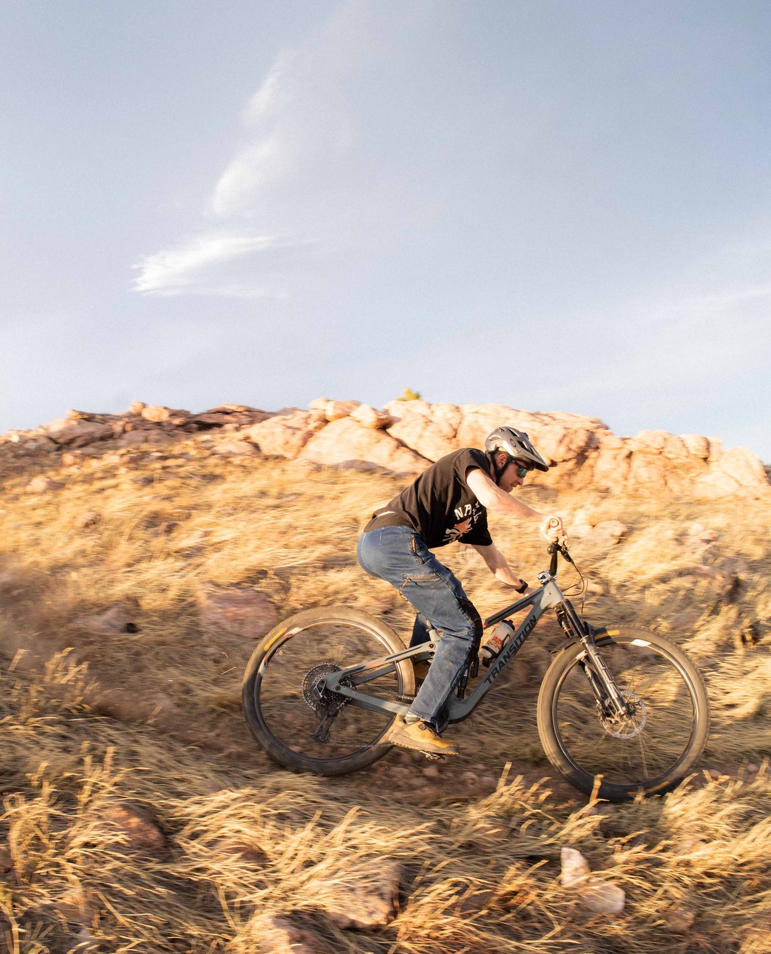 Rippin a MTB trail in Men's Denim Bike Pant