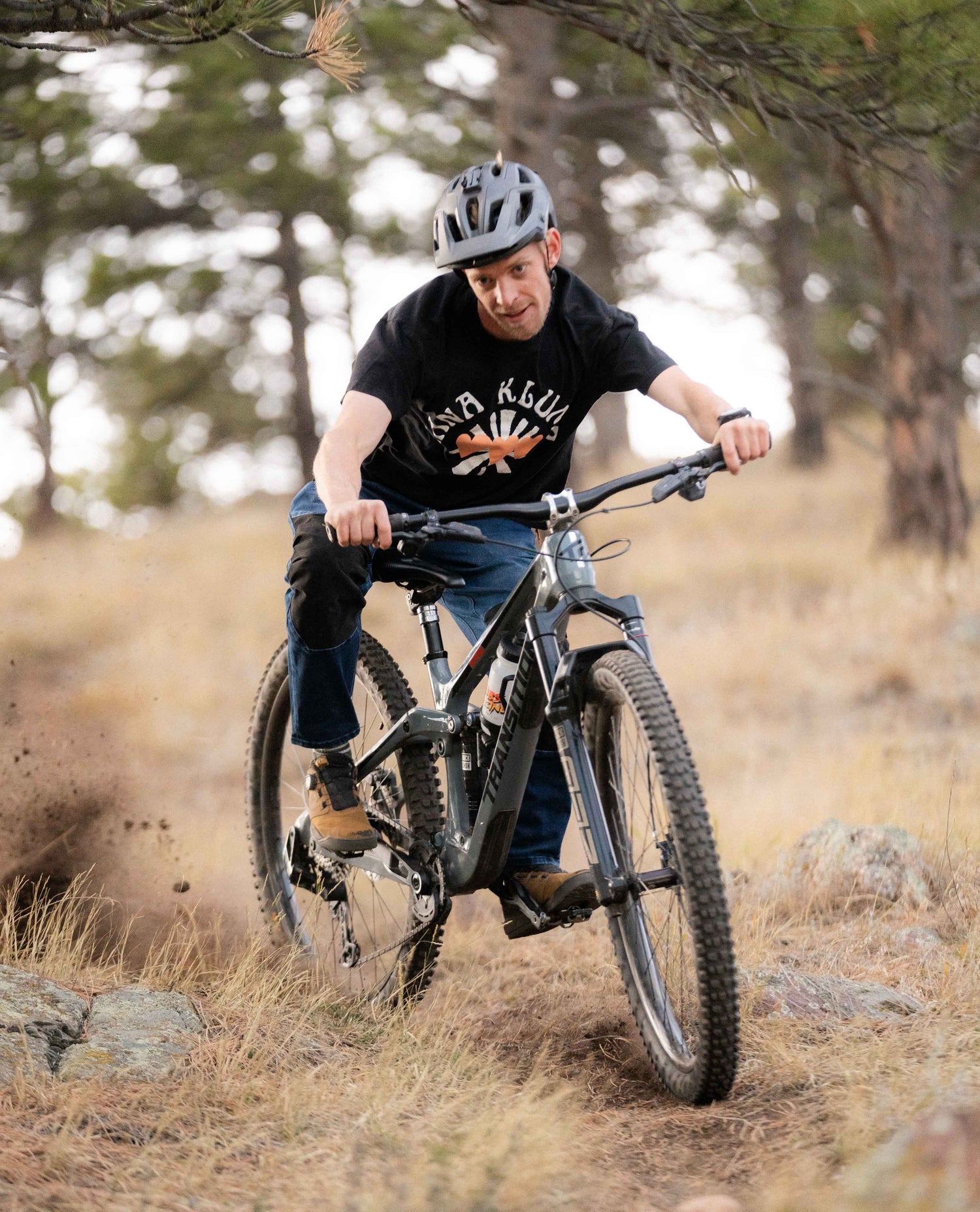 Shredding on a bike in Men's Denim Bike Pant